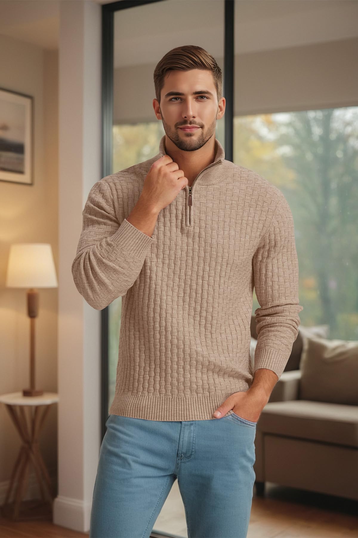 Askdeer Men's Quarter Zip Waffle Knit Pullover Sweater - Mock Neck Ribbed Casual Polo Shirt for Work, Travel & Outdoor Activities