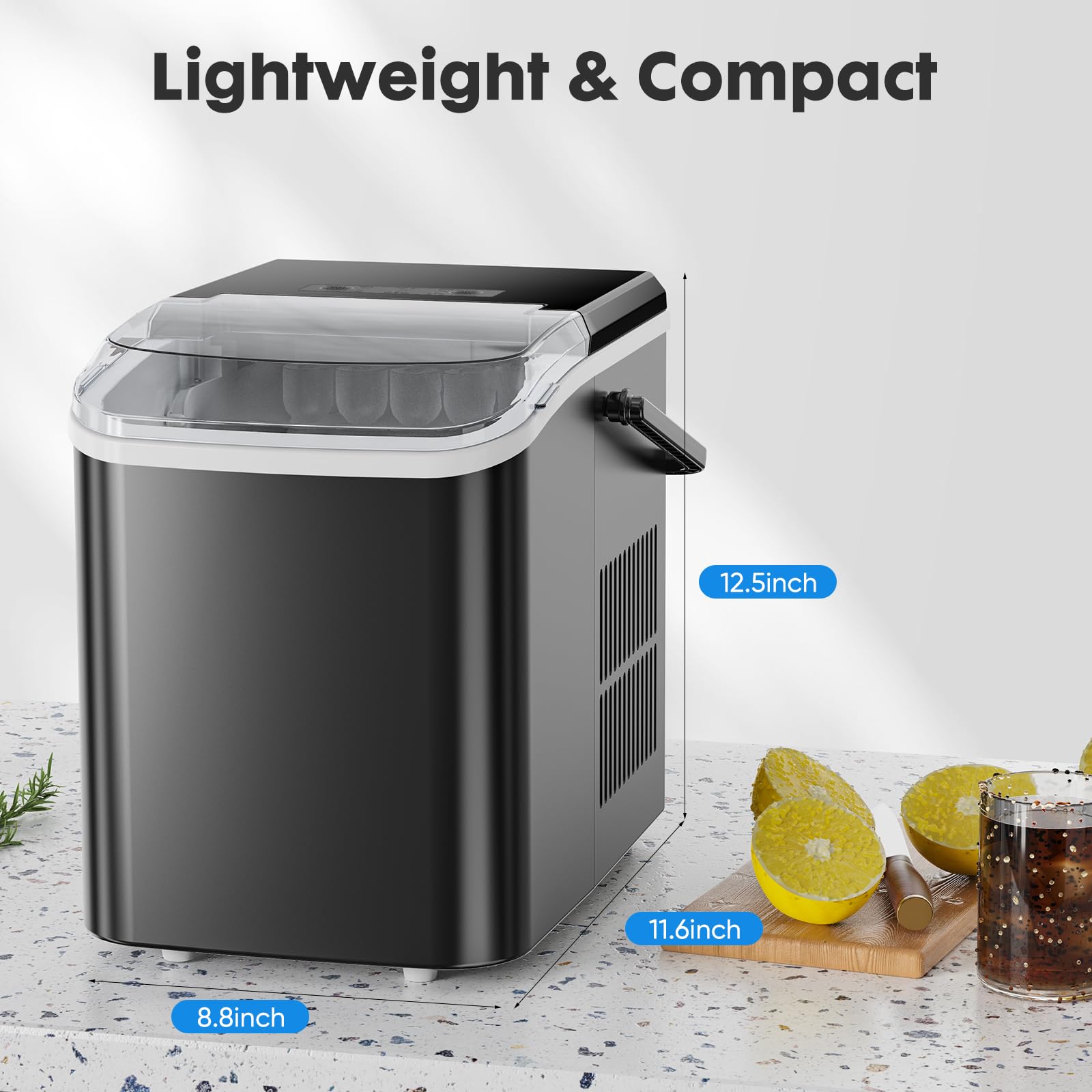 DUMOS Countertop Ice Maker Machine - 26lbs/24Hrs, 9 Cubes in 6 Mins, Self-Cleaning, Portable & Quiet - Perfect for Home Kitchen, RV, Camping, Office & Outdoor Parties (Black)