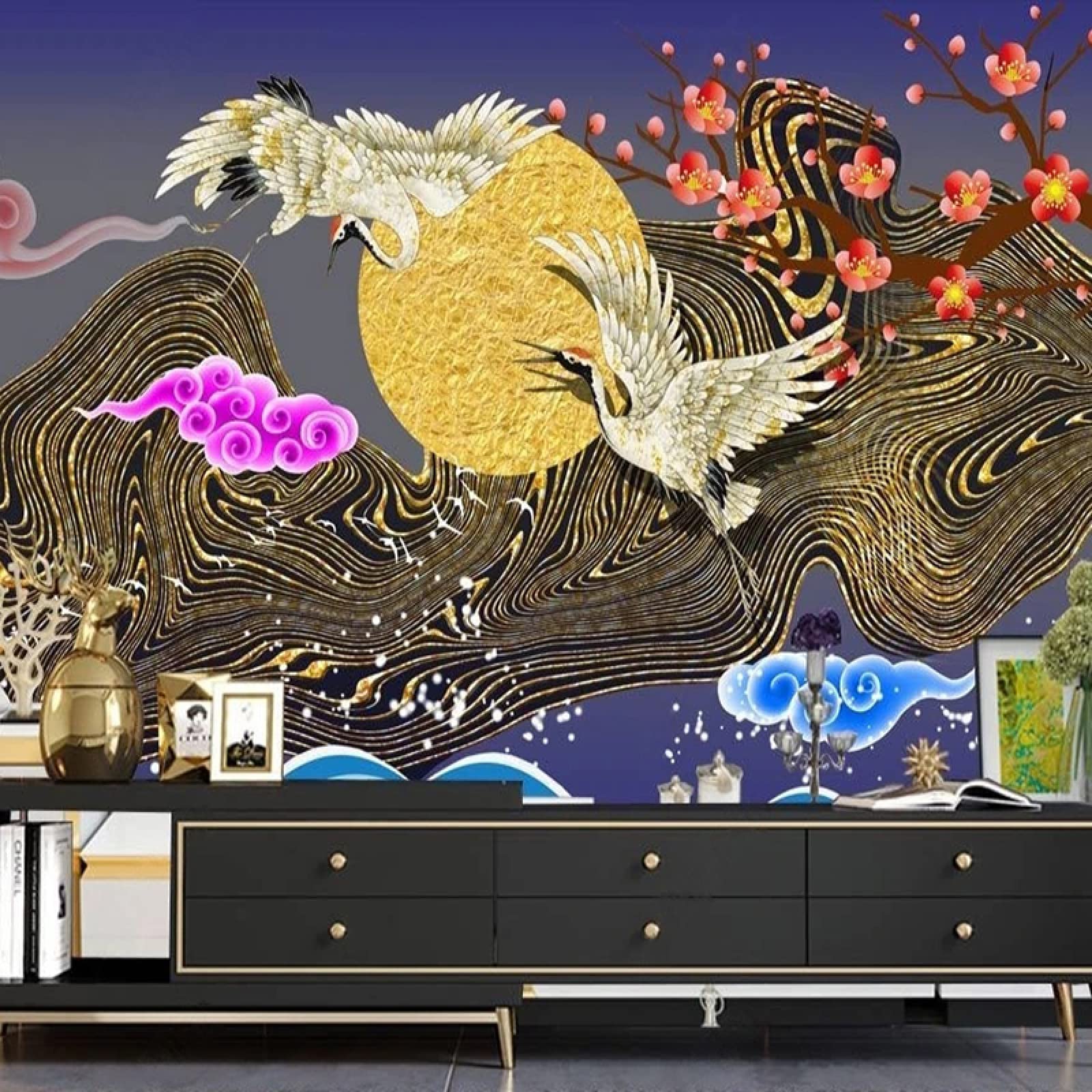 Chinese Style 3D Crane Cloud Wall Mural - Peel and Stick Removable Self-Adhesive Wallpaper for Living Room, Bedroom & Dining Room - 47