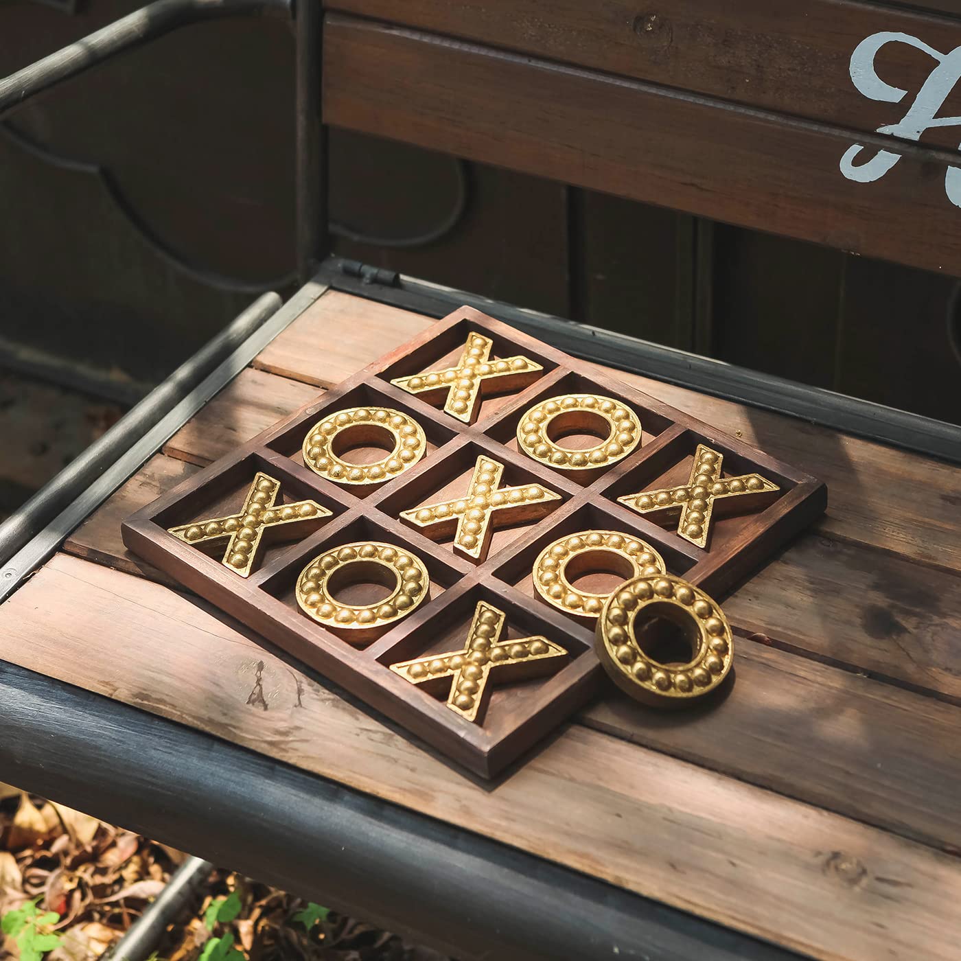 Rustic Wooden Tic Tac Toe Game Board - 10.6 Inch Coffee Table Decor with Gold Accents | Farmhouse Home Decor, Game Night Accessories, Living Room Centerpiece