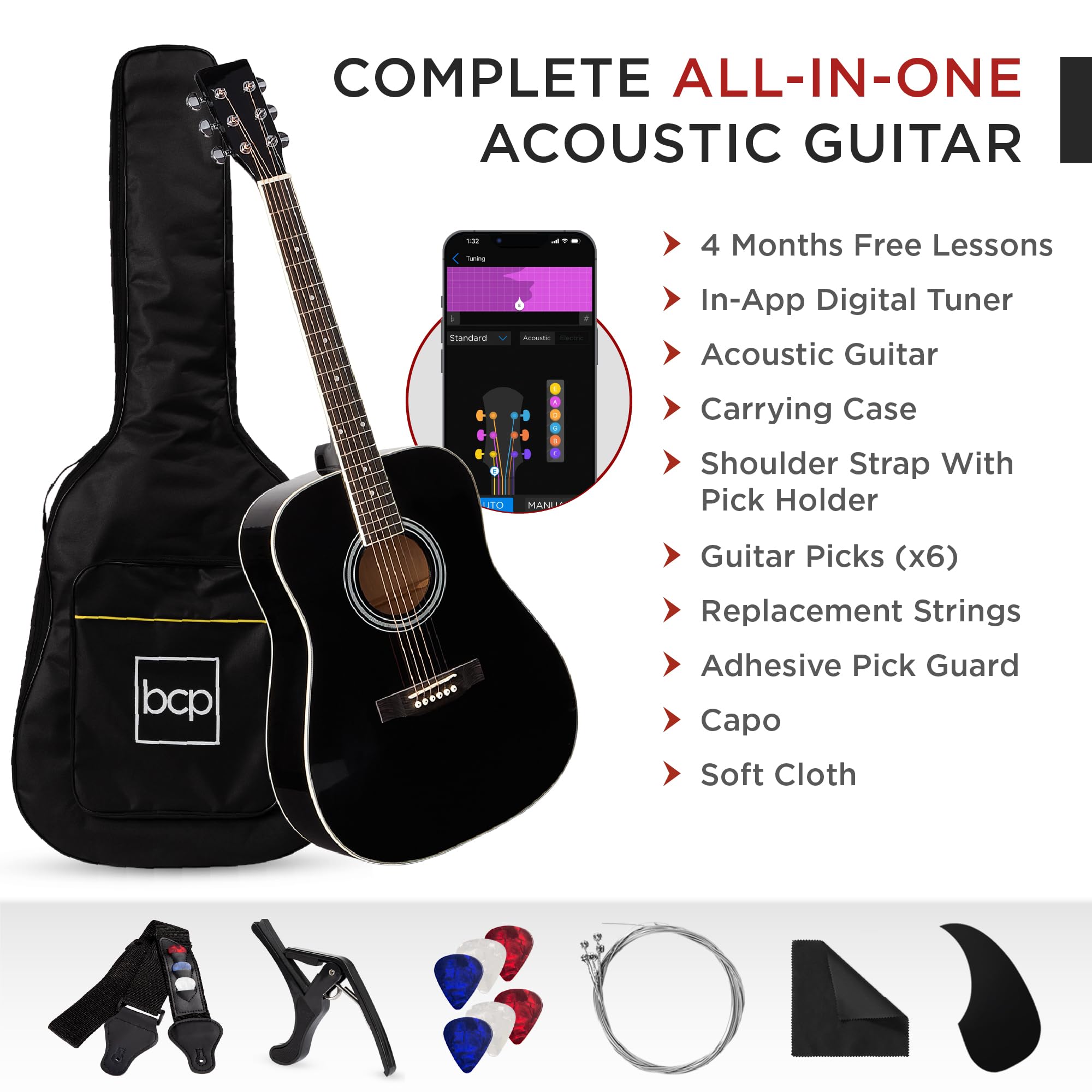 Best Choice Products 41-inch Full Size Beginner Acoustic Guitar Starter Set with Gig Bag, Strap, Capo, Strings & Picks - Black | Perfect for Beginners, Music Lessons, Campfire Singalongs & Home Practice