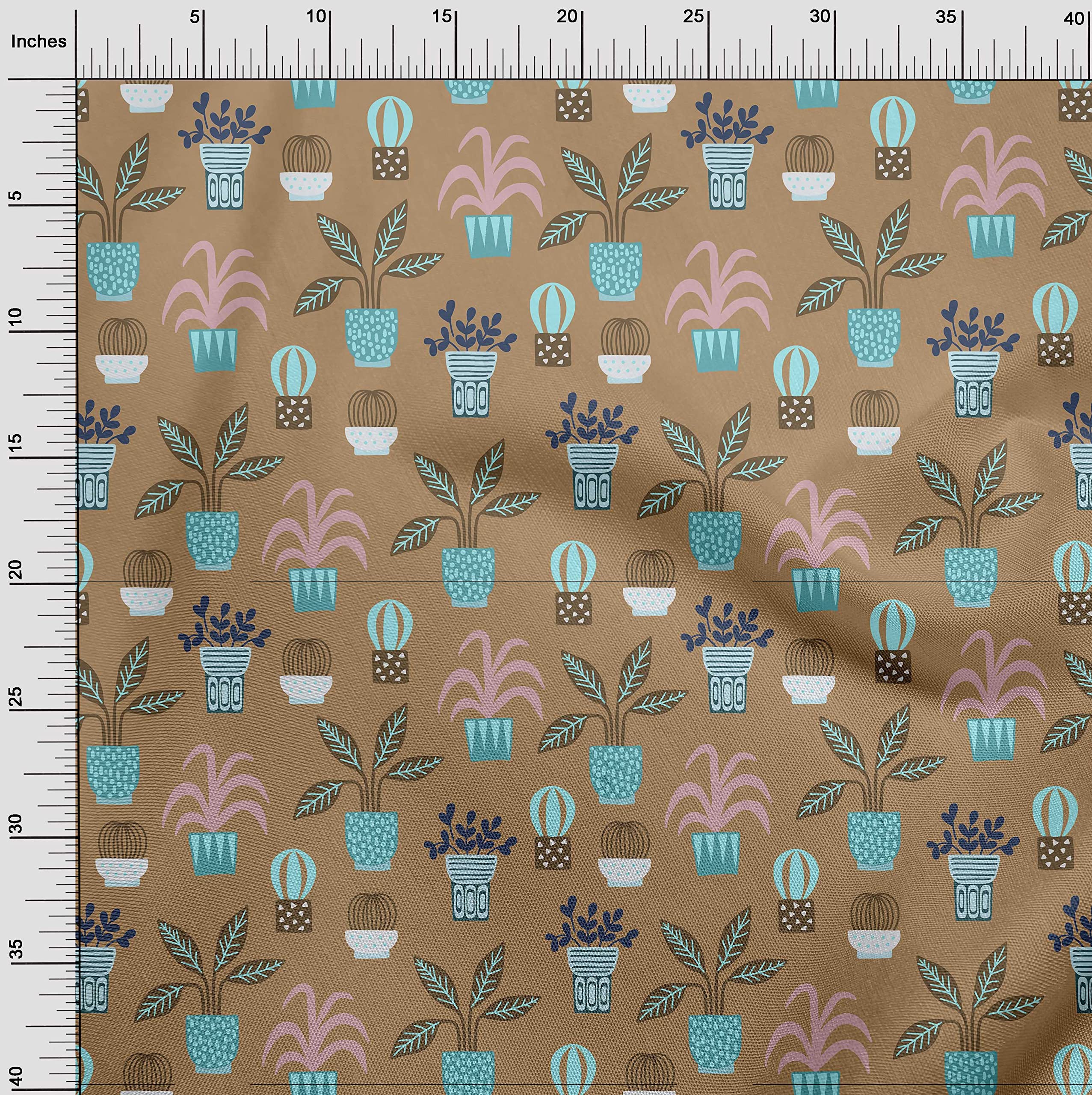 oneOone Cotton Poplin Brown Fabric with Flower Pots Motif - 56 Inch Wide Printed Sewing Material for DIY Clothing, Home Decor & Craft Projects | Perfect for Dresses, Curtains, Quilting and Upholstery