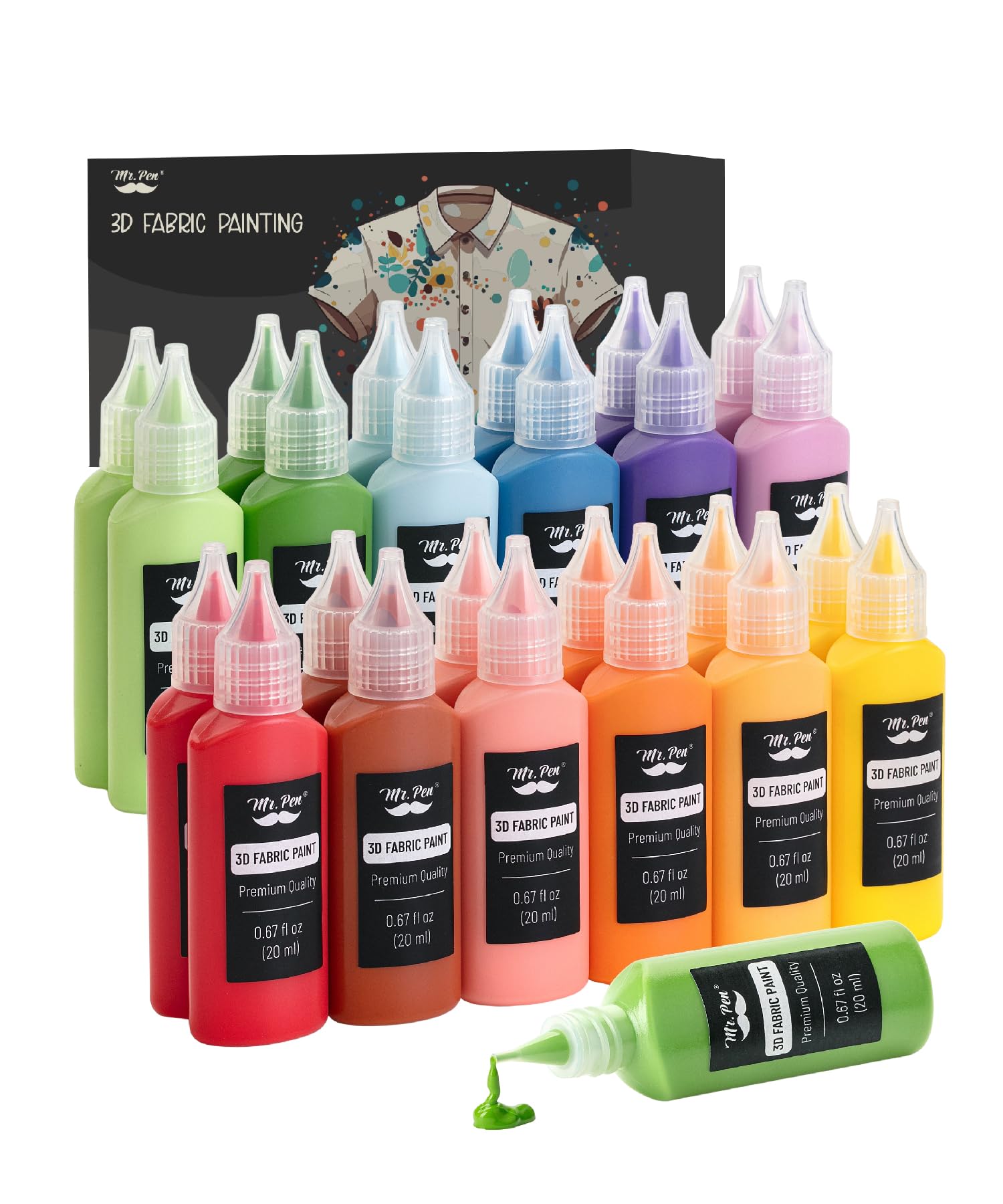 **Mr. Pen 3D Fabric Paint Set - 24 Colors (0.67 oz Each), Permanent Fabric Paint for Clothes, DIY T-Shirt, Jeans & Crafts - Washable & Vibrant Colors for Custom Clothing & Fabric Art**