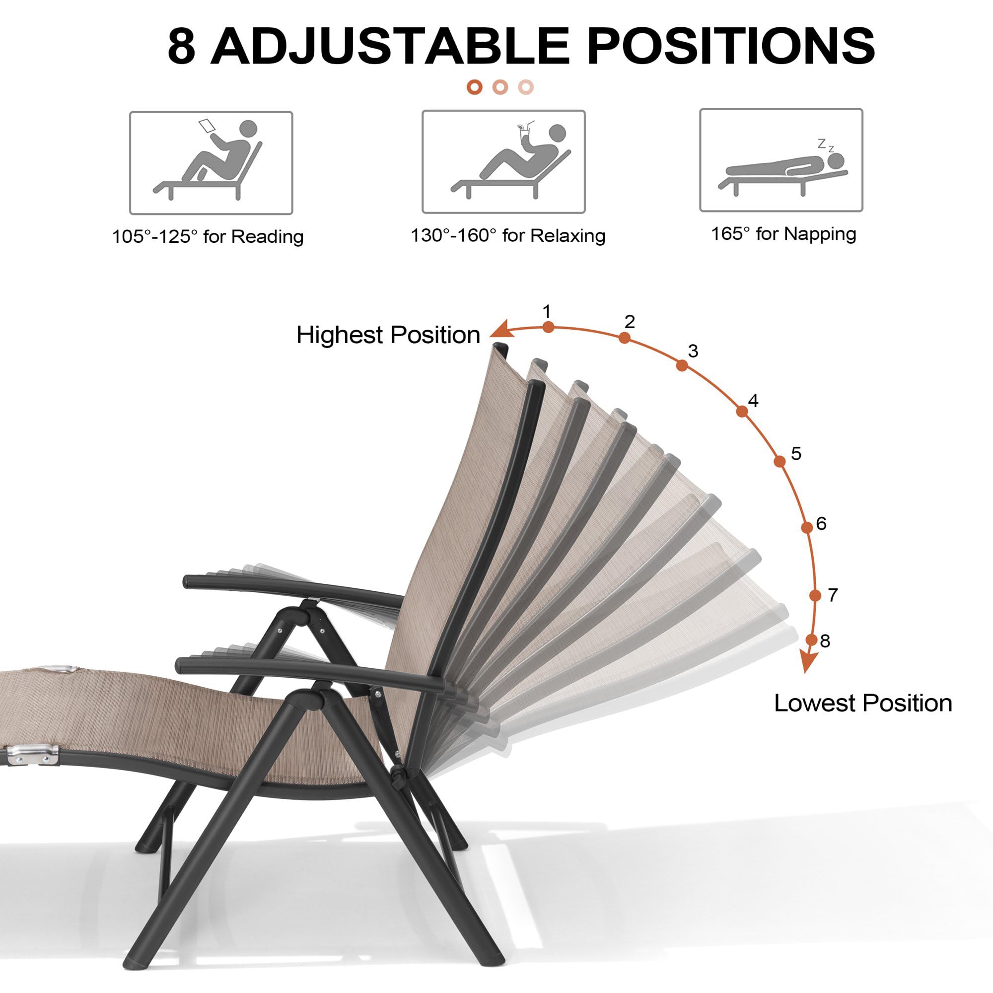 Crestlive Folding Patio Chaise Lounge Chair - Adjustable Aluminum Outdoor Pool Recliner with 8 Positions, No Assembly Required - Perfect for Backyard, Beach, and Poolside Relaxation