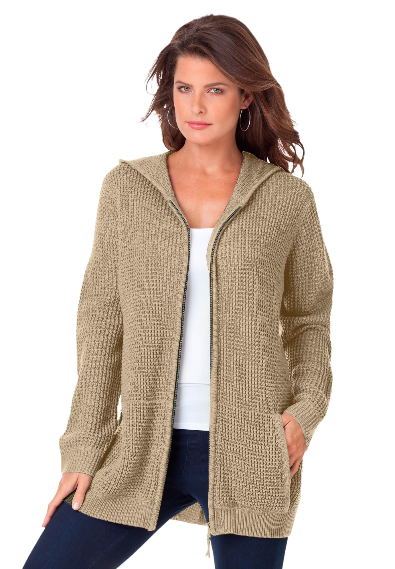 Roaman's Women's Plus Size Thermal Waffle Hoodie Zip Up Cardigan Jacket - Cozy Winter Warmth for Outdoor Activities & Lounge Wear