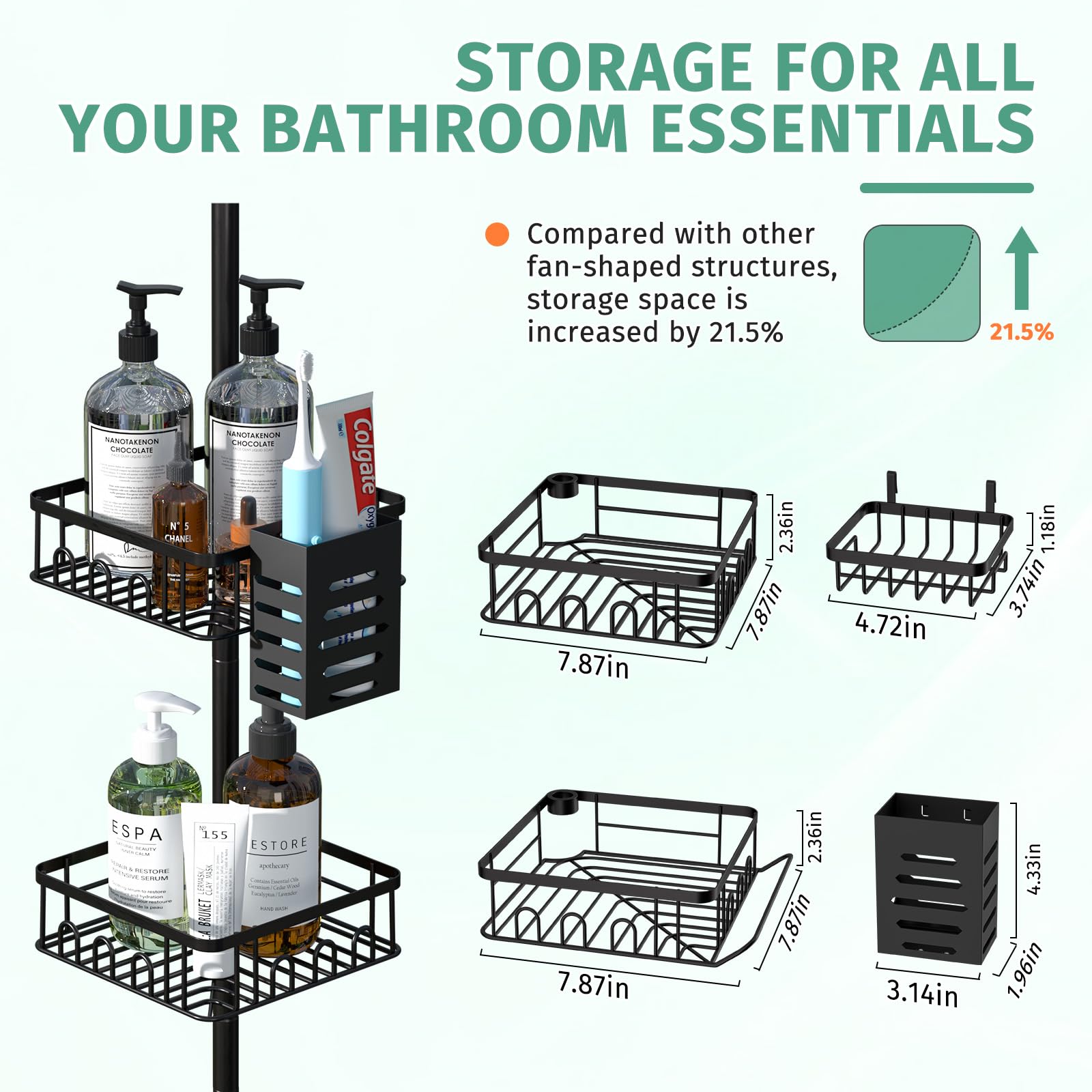Adjustable Tension Shower Caddy 34-101 Inches - 4-Tier Rust-Resistant Freestanding Bathroom Organizer with Pole - Perfect for Bathtub, Shower & Corner Storage - Black