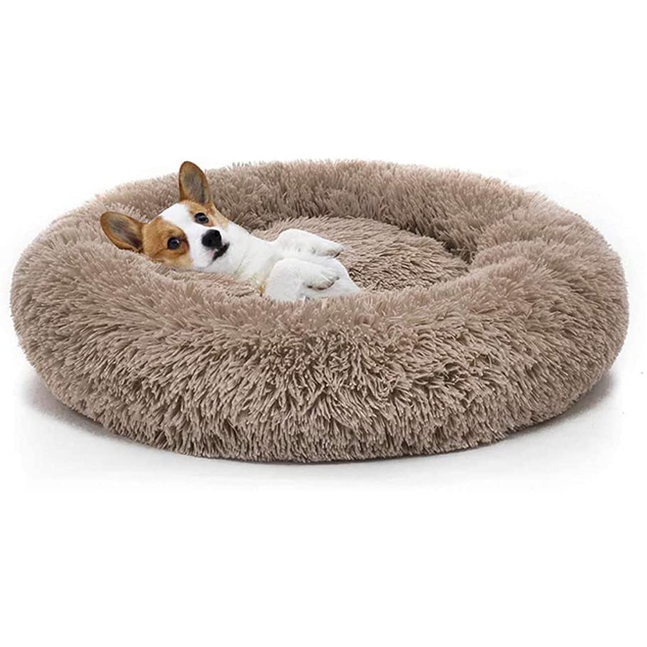 **Premium Long Plush Calming Dog Bed - Round Washable Self-Warming Pet Bed for Cats & Dogs - Soft & Cozy for Warm Sleeping (70