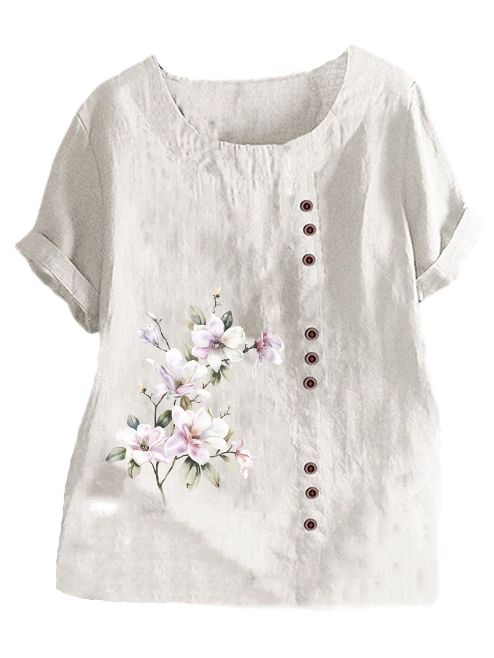 Women's Floral Print Linen T-Shirt - Breathable Summer Short Sleeve Loose Fit Casual Top (White) | Perfect for Beach Outings, Weekend Brunch & Vacation Wear