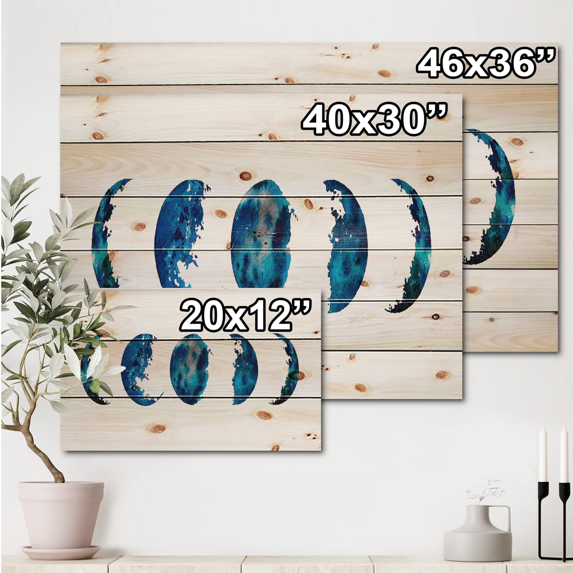 Bohemian Blue Moon Phases Wood Wall Decor - Handcrafted Astronomy & Space Art on Natural Pine Wood - Perfect for Living Room, Bedroom & Boho Home Decor