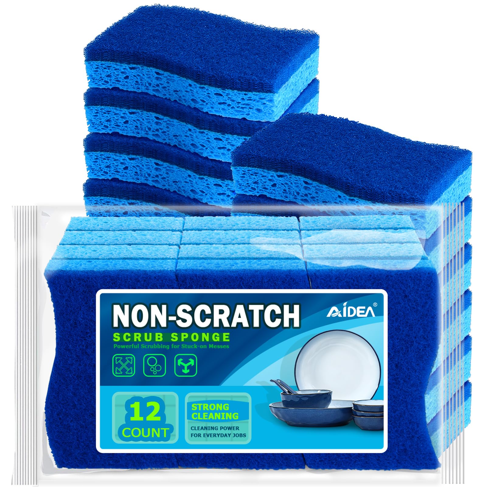 AIDEA Non-Scratch Kitchen Sponges (12-Pack) - Gentle Scrub Sponges for Dishes & Non-Stick Cookware - Fast Cleaning Without Scratches - Perfect for Kitchen, Bathroom & Household Cleaning - Ideal for Daily Dishwashing, Countertop Cleaning & Delicate Surface Care