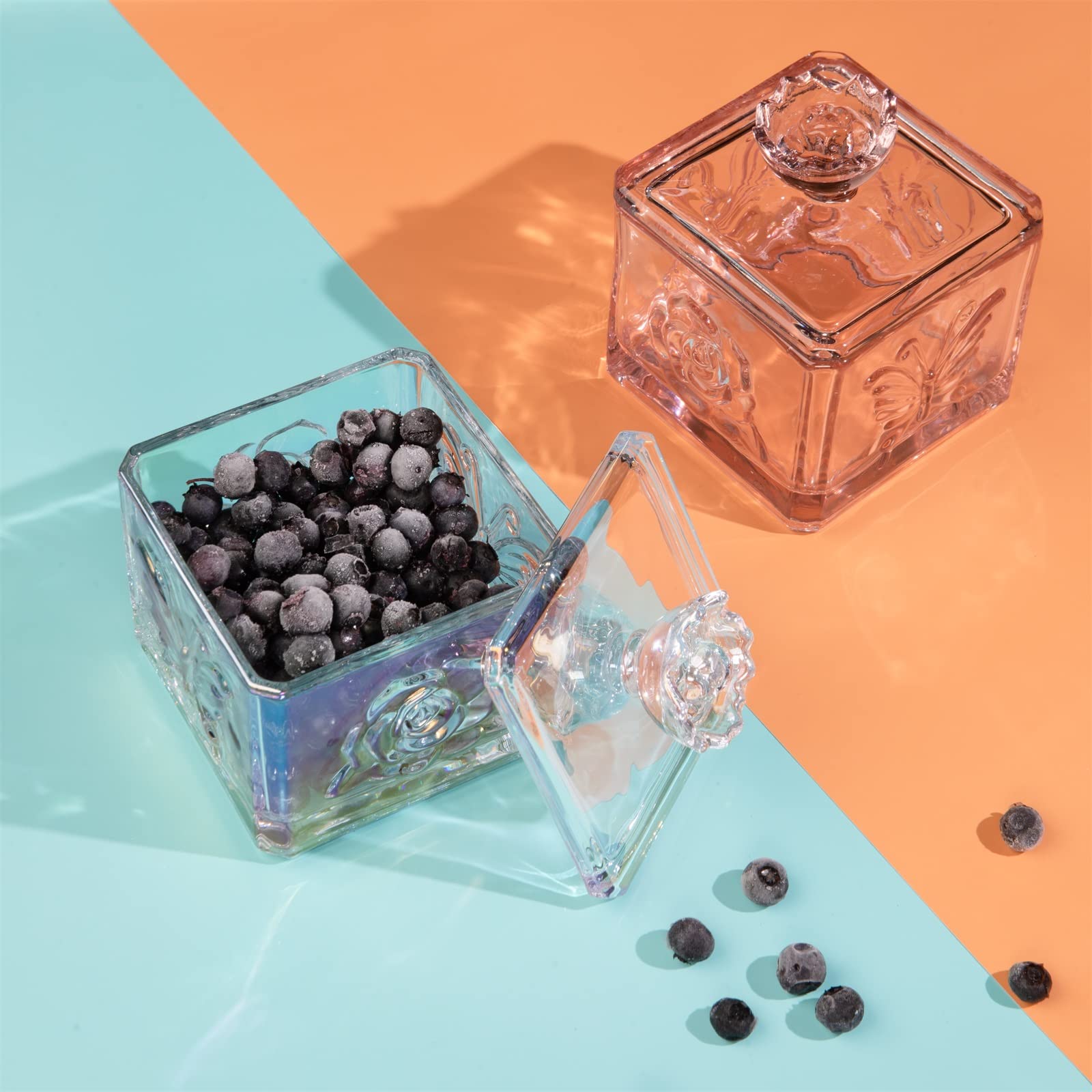 Iridescent Glass Candy Dish with Lid - 14oz Clear Embossed Candy Jar for Office & Home Decor - Elegant Candy Bowl for Parties, Weddings & Gifts (Irised Glass)