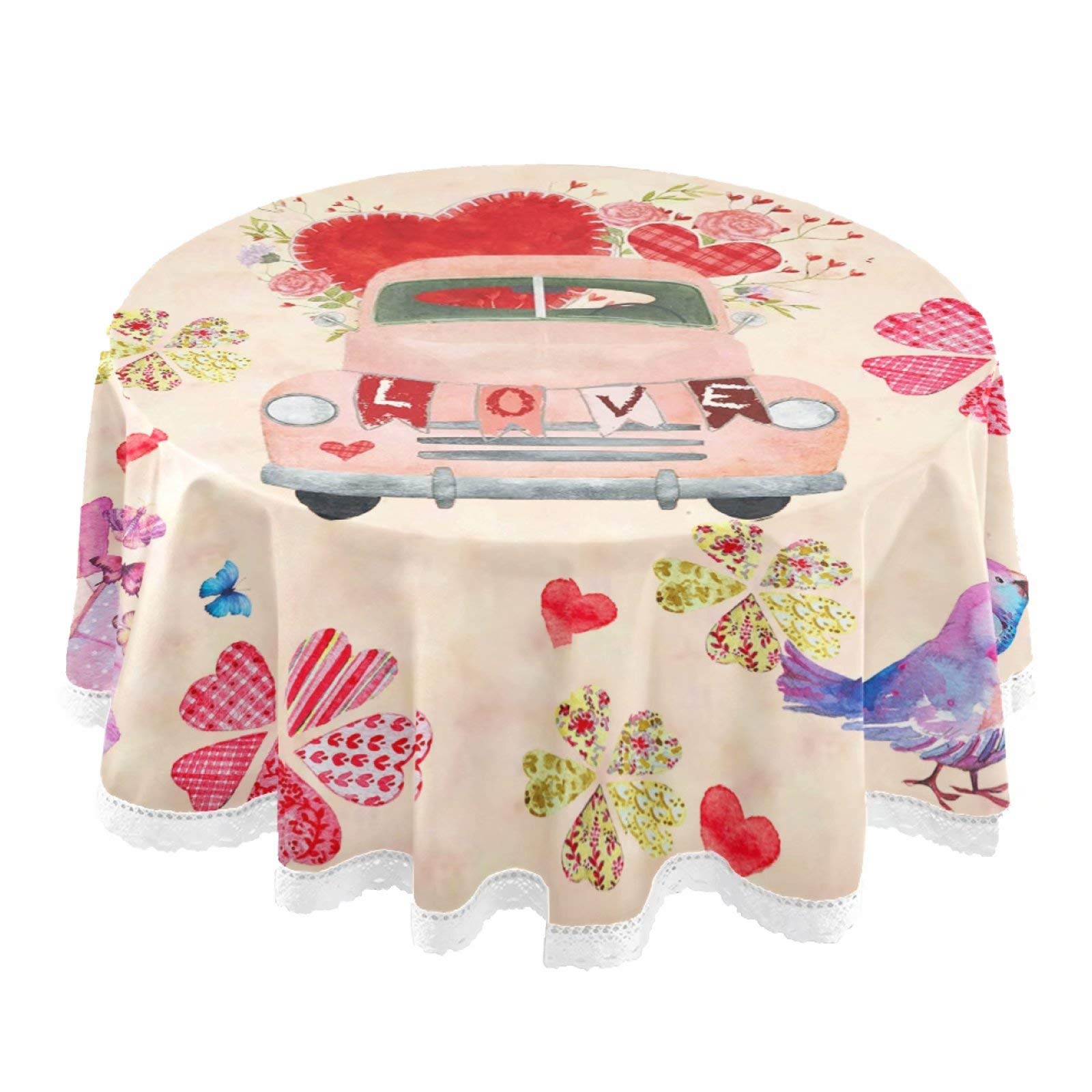 Valentine's Day Heart Round Tablecloth - Pink Floral Truck Design, Washable Polyester Lace Table Cover (60 Inch) for Dining, Holiday Decor, Home Party, Wedding & Picnic - Perfect for Mother's Day, Romantic Dinners & Outdoor Gatherings