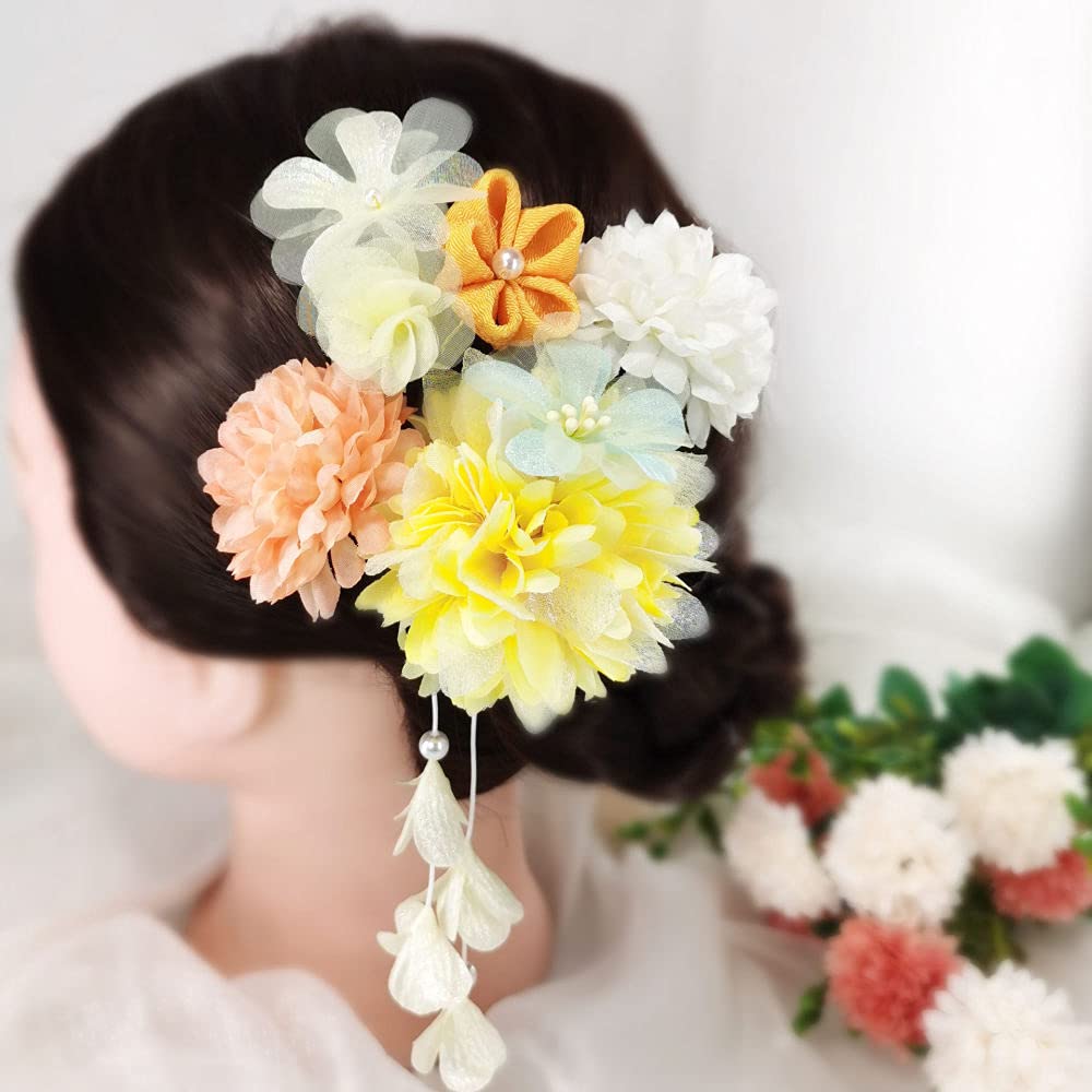 Japanese Hair Clips Set - Elegant Kimono Flower Hair Barrettes & Pearl Hair Pins for Women & Girls - Perfect for Summer Festivals, Weddings, and Daily Styling - Yellow Floral Hair Accessories