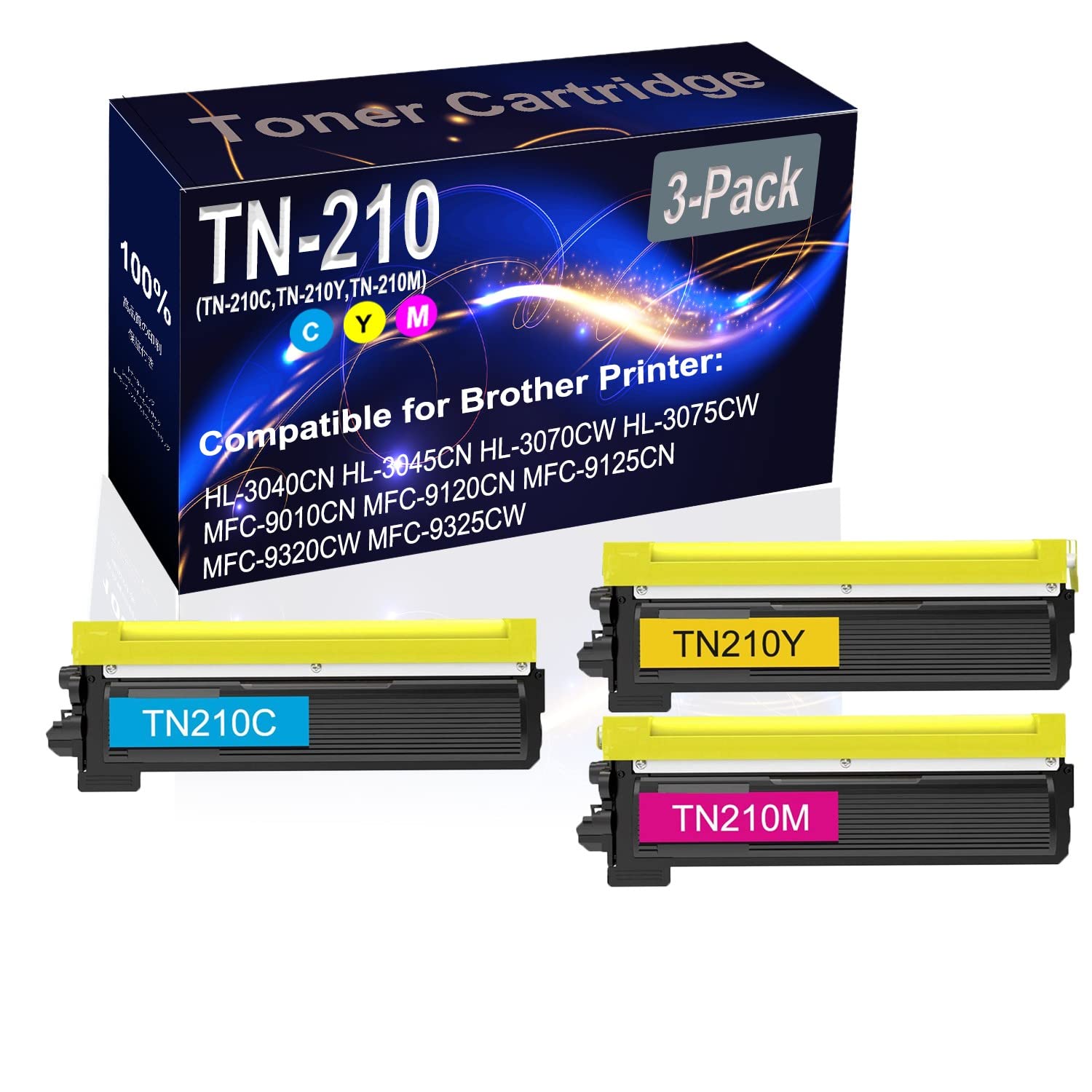 3-Pack (Cyan+Yellow+Magenta) High-Capacity Compatible Toner Cartridge for Brother HL-3040CN, HL-3045CN, HL-3070CW Printers - Replacement for TN210, TN-210 Series (TN-210C, TN-210Y, TN-210M) - Ideal for Office & Home Printing Needs