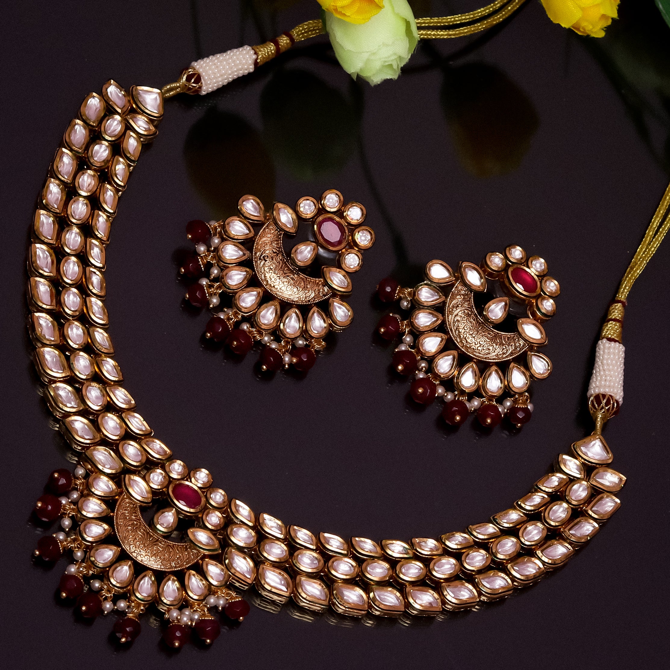 Elegant Gold Plated Royal Kundan & Ruby Necklace Set with Matching Earrings (D724) - Perfect for Weddings, Parties & Special Occasions