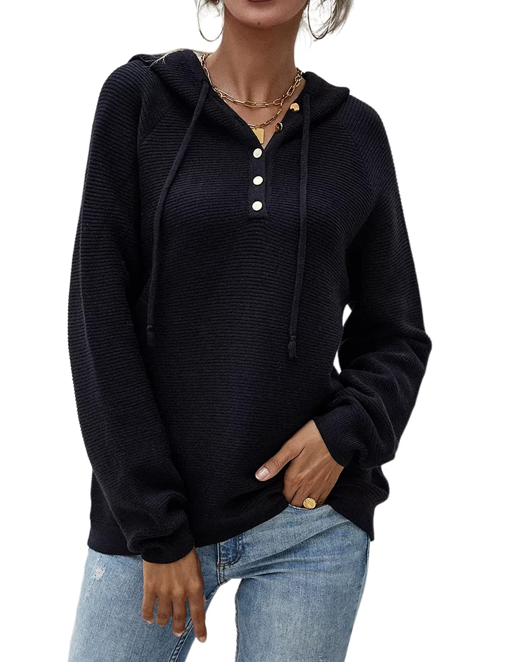Lrady Women's Casual Pullover Sweater - Soft Knit Hoodie with Button Front & V-Neck Henley Design - Comfortable Blouse & Tunic Top for Everyday Wear, Work & Weekend Outfits