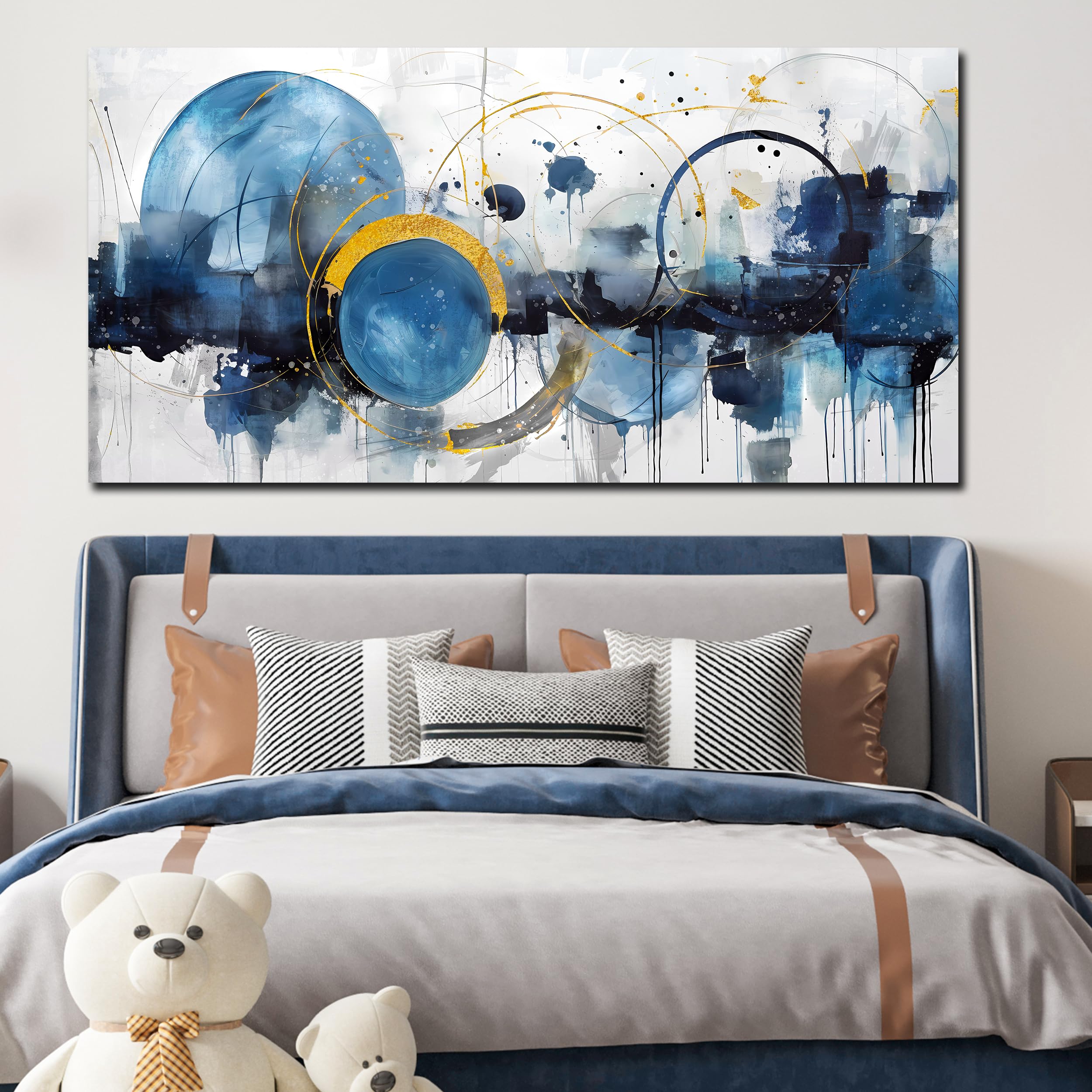 Modern Abstract Wall Art - Blue Contemporary Canvas Painting for Home & Office Decor - Ready to Hang 29x59 Inches - Perfect for Living Room, Bedroom & Teen Room Aesthetic