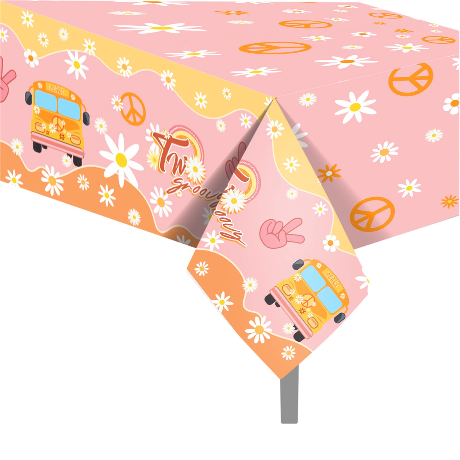 Groovy Daisy Rainbow Hippie Party Tablecloth - Retro Plastic Table Cover for Birthday Decorations, Girls 2nd Birthday, Outdoor Picnic & Indoor Celebrations