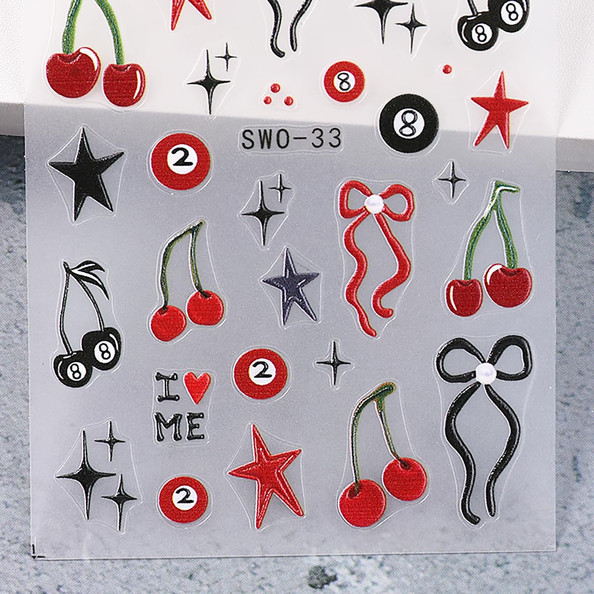 5D Embossed Cherry Nail Stickers - Self Adhesive Black Red Bow Nail Art Decals for Women & Girls | DIY Nail Design Stickers for Parties, Weddings & Daily Manicures