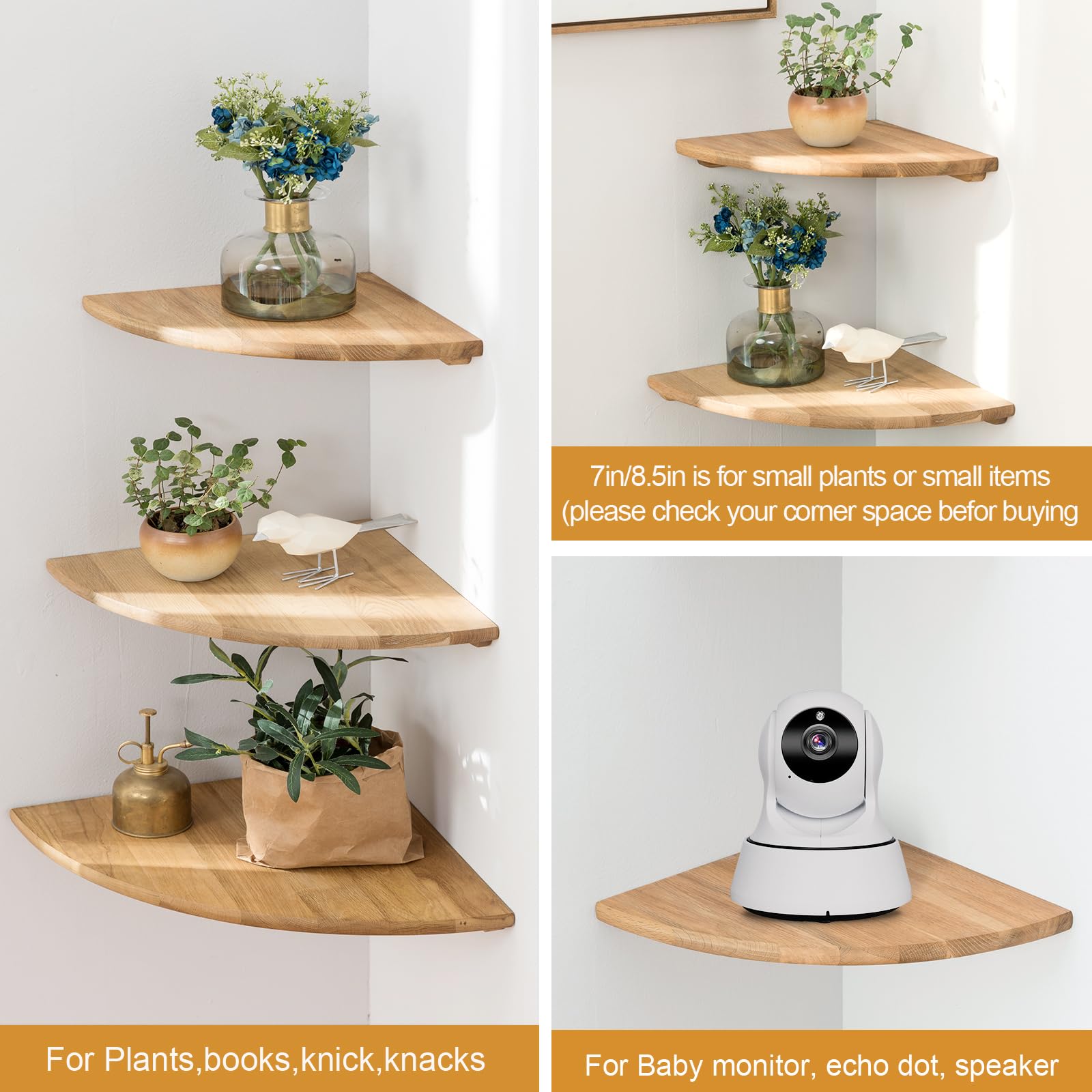 12 Inch Solid Oak Wood Floating Corner Shelves - Wall Mount Round End Shelf with Wire Hole for Small Plants, Photo Frames, and Speakers - Perfect for Bedroom, Kitchen, and Living Room Decor