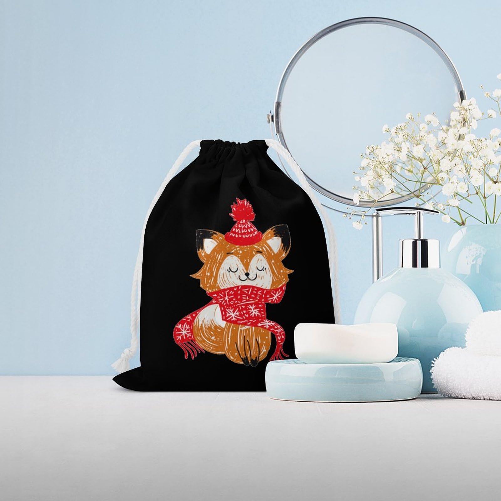 Cute Christmas Cartoon Fox Muslin Drawstring Bags - Reusable Small Gift Pouch for Holiday Presents, Party Favors & Home Storage | Eco-Friendly Fabric Gift Bags