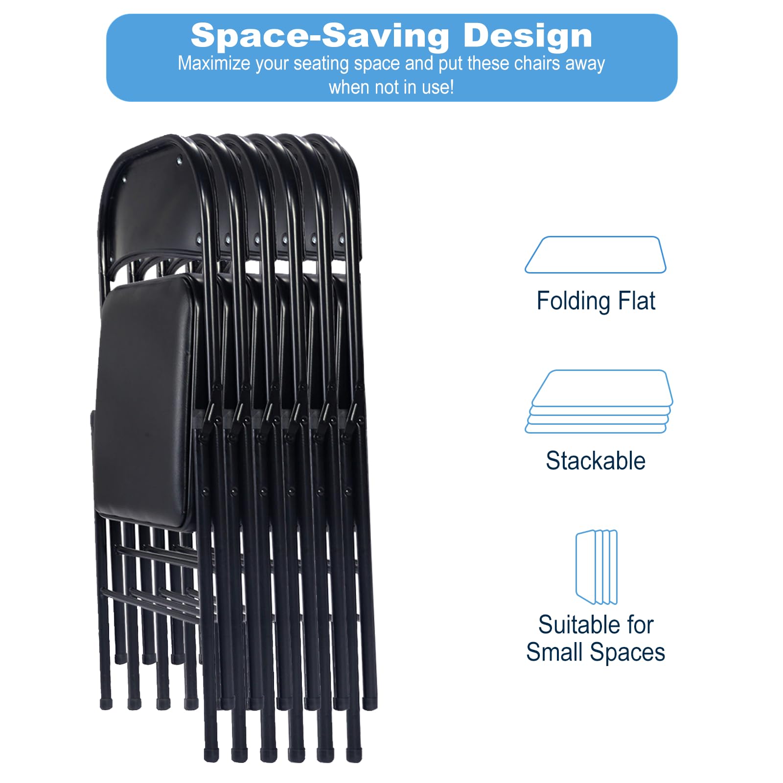 6 Pack Black Folding Chairs with Padded Seats - Heavy Duty Steel Frame Stackable Chairs for Wedding, Party, Office & Outdoor Events - 330lbs Capacity - Perfect for Home, Banquet Halls and Backyard Gatherings