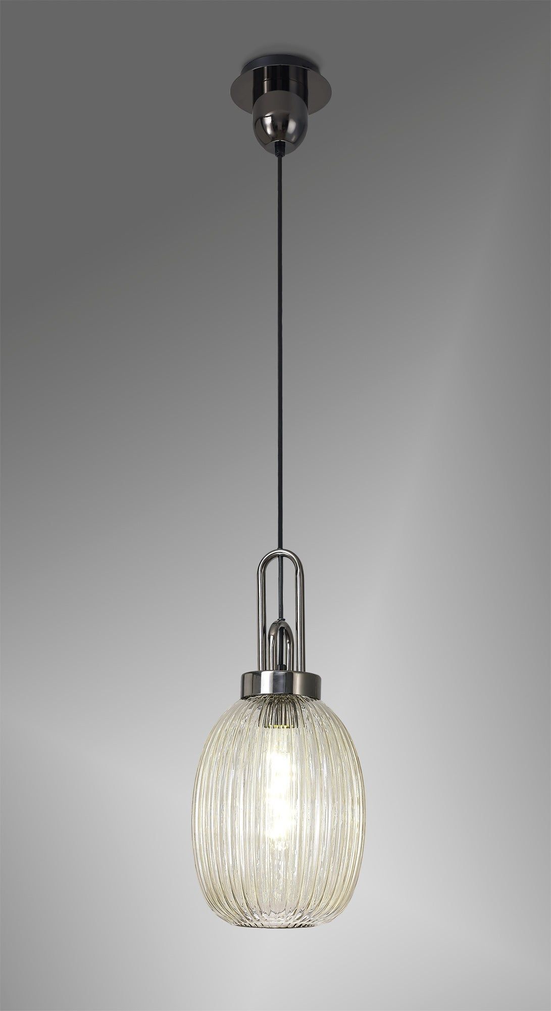Cadiz 1-Light Pendant Light Fixture with 20cm Almond Ribbed Glass Shade, E27 Socket, IP20 Rated - Perfect for Kitchen Island, Dining Room, or Bedroom Lighting