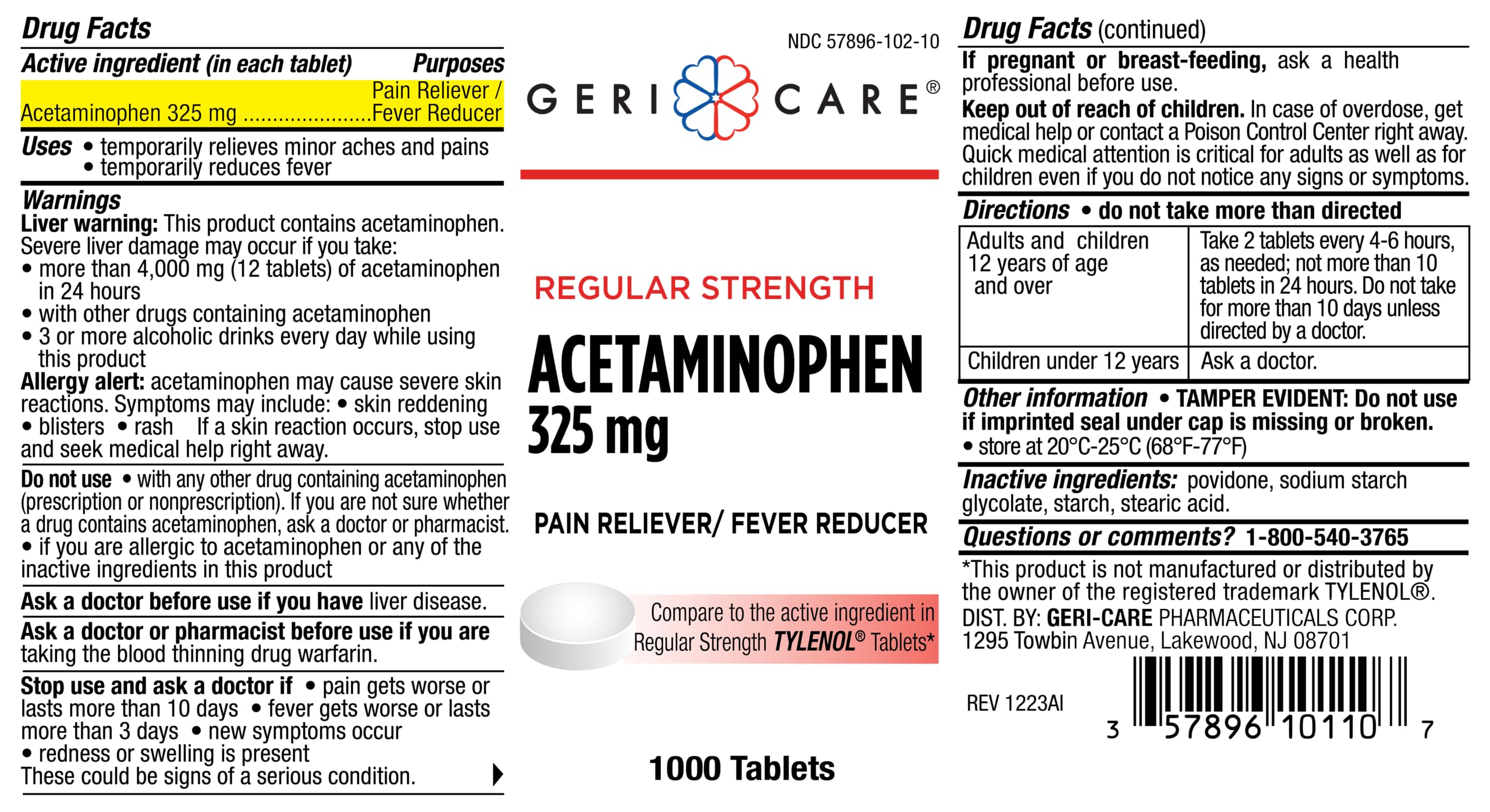 GeriCare 325mg Acetaminophen Pain Relief & Fever Reducer Tablets - 1000 Count | Fast-Acting for Joint, Muscle, Arthritis & Back Pain | Ideal for Home, Travel & First Aid Kits