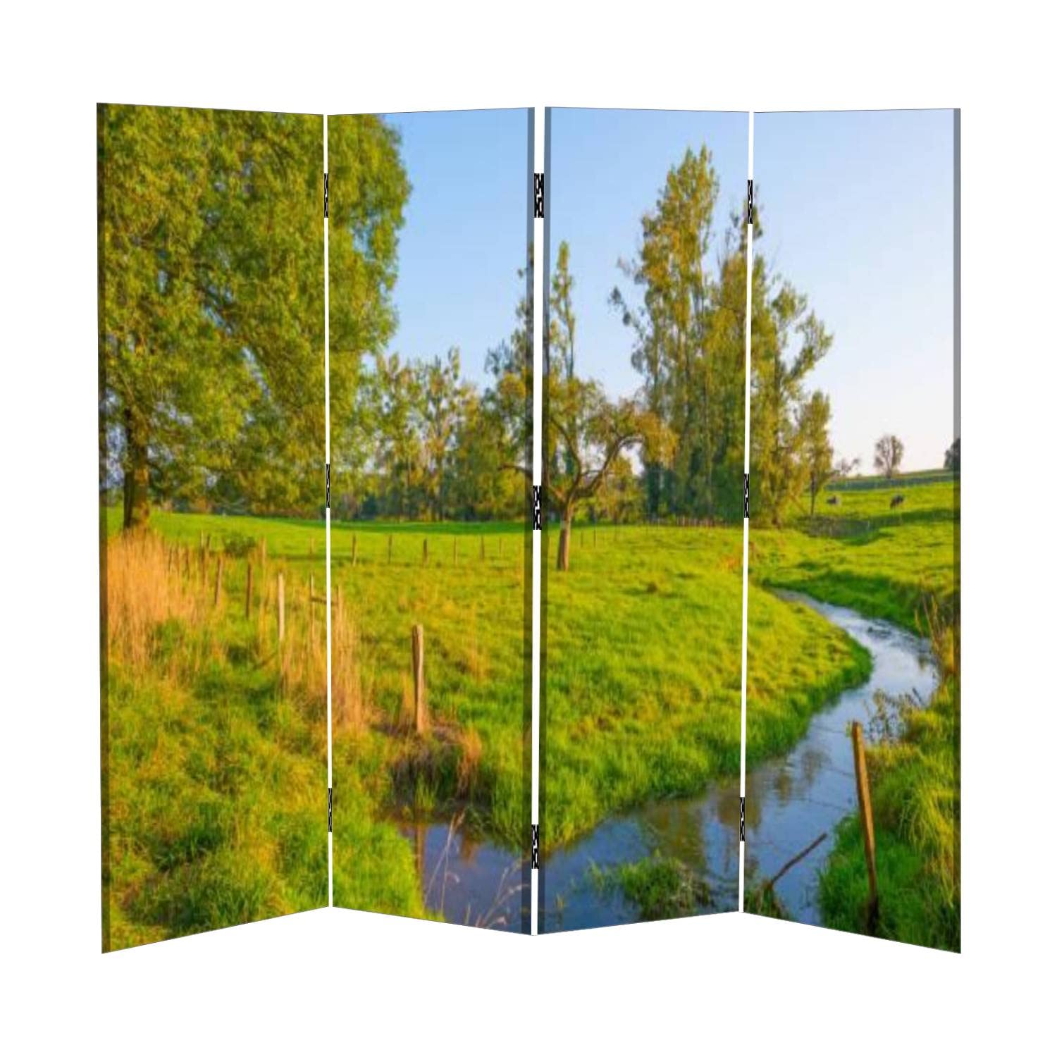 4 Panel Canvas Room Divider - Flowing Meadow Autumn Sunlight Design - Folding Privacy Screen for Home & Office - Perfect for Bedroom Separation, Studio Partitions, and Temporary Wall Dividers