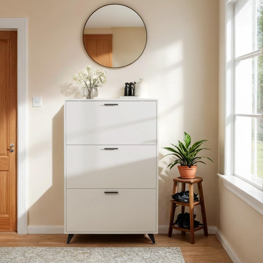 White Shoe Storage Cabinet with 3 Flip Drawers - Holds Shoes Up to Size 16, Wooden Entryway Organizer for Closet, Living Room & Bedroom - Perfect for Small Spaces & Shoe Lovers