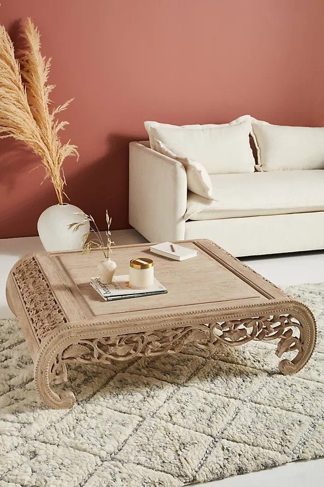 Hand Carved Wooden Coffee Table - Traditional Indian Design Center Table for Living Room | Solid Sheesham Wood Furniture | Perfect for Home Decor, Lounge & Family Gatherings