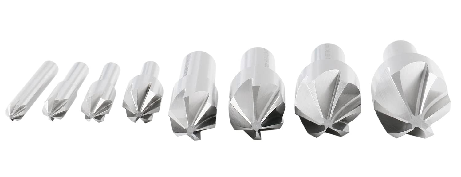 Accusize Industrial Tools 60 Degree 6 Flute HSS Machine Countersink Set - 8 Pcs Precision Ground for Metalworking, Woodworking & DIY Projects - Model 0206-0010
