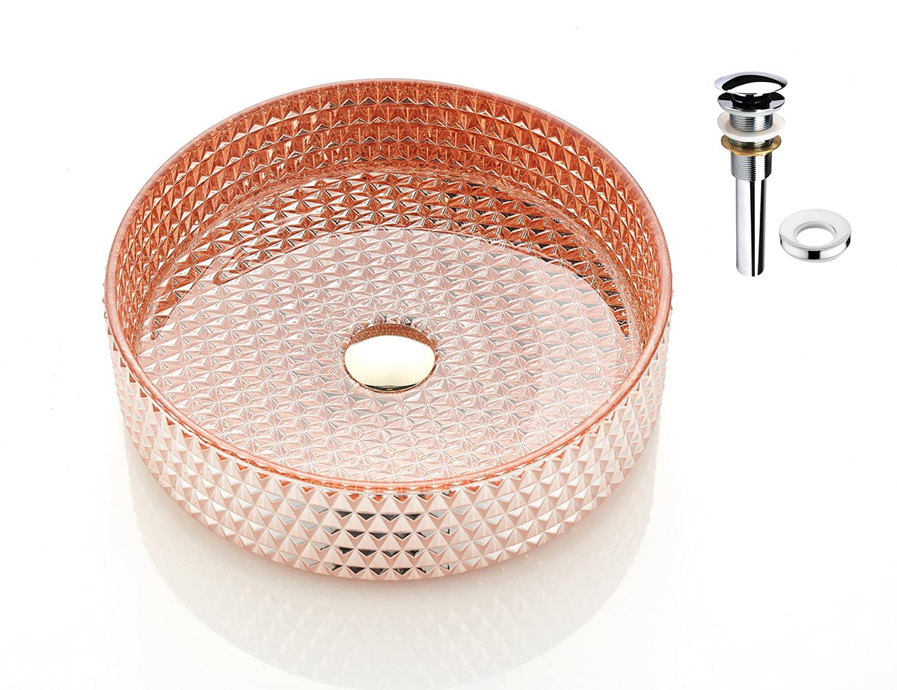 Rose Gold Sparkle Crystal Glass Vessel Sink with Pop Up Drain - Modern LIMONIUM SINENSE Vanity Countertop Sink Bowl for Bathroom Remodeling | Elegant Bathroom Upgrade for Master Suite, Guest Bath & Powder Room