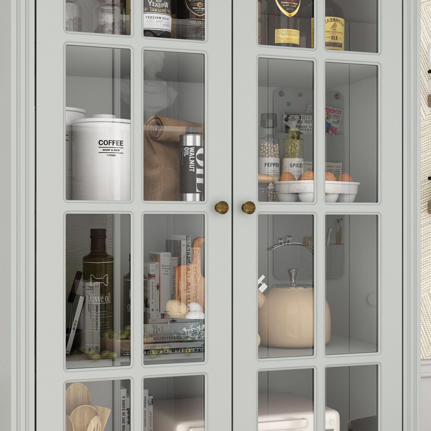 MOUMON Pantry Cabinet with 2 Drawers & Glass Doors - Adjustable Shelves Kitchen Storage Cabinet, 31.5