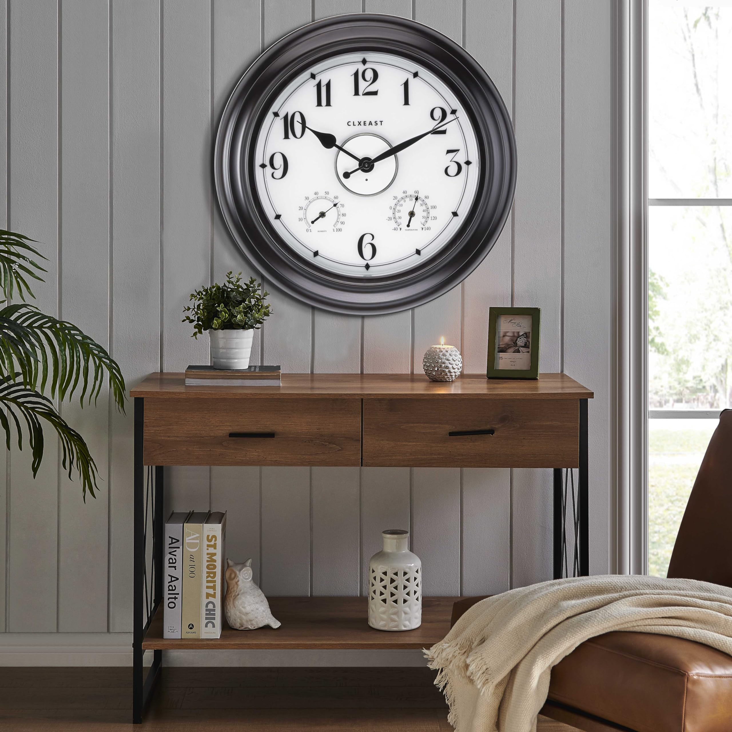 CLXEAST 24 Inch LED Outdoor Metal Clock - Waterproof, Large Lighted Wall Clock with Temperature & Humidity Display - Oil Rubbed Bronze Black - Perfect for Patio, Garden, Backyard & Easter Decorations