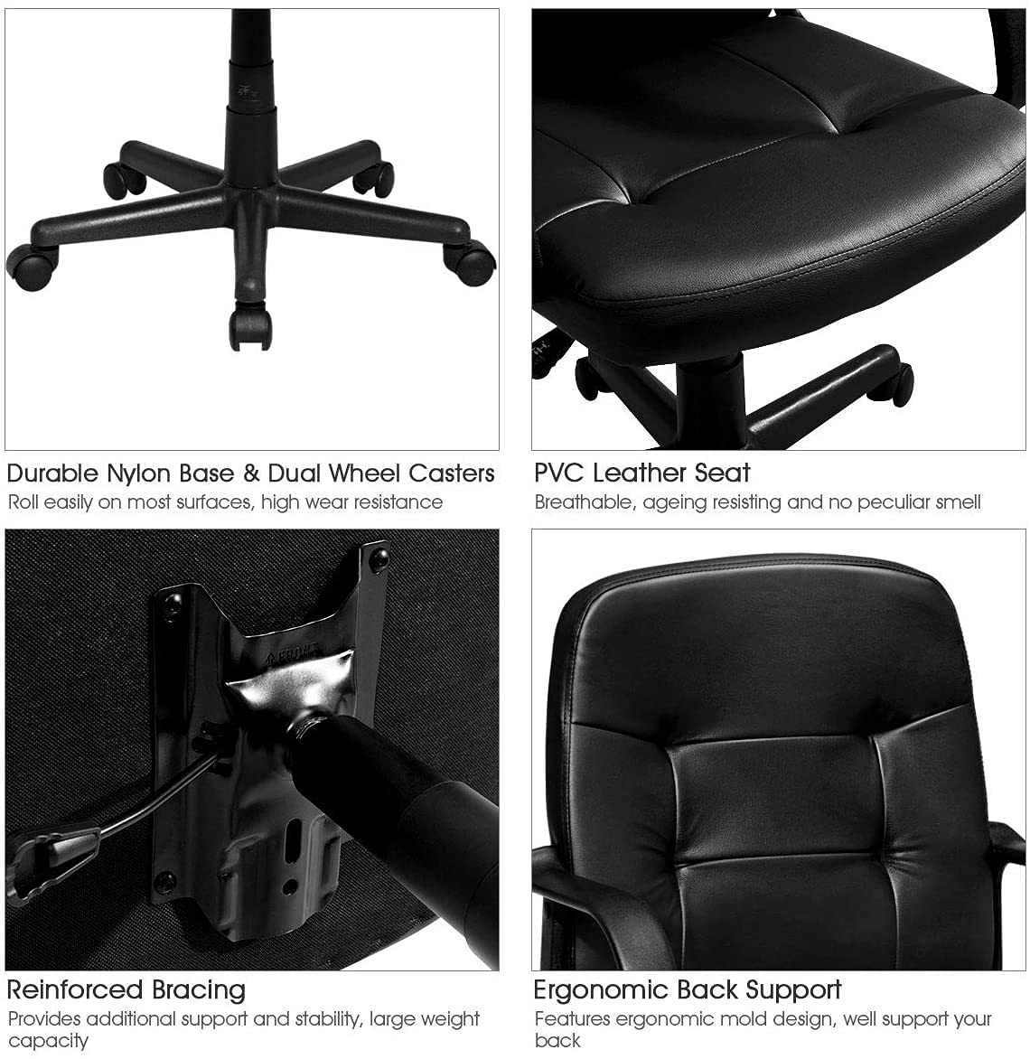 Premium PVC Leather Office Chair - Adjustable Height, Breathable Seat & Ergonomic Armrests - 360° Swivel with Smooth-Rolling Wheels - Perfect for Home Office, Gaming & Workspace (Black)
