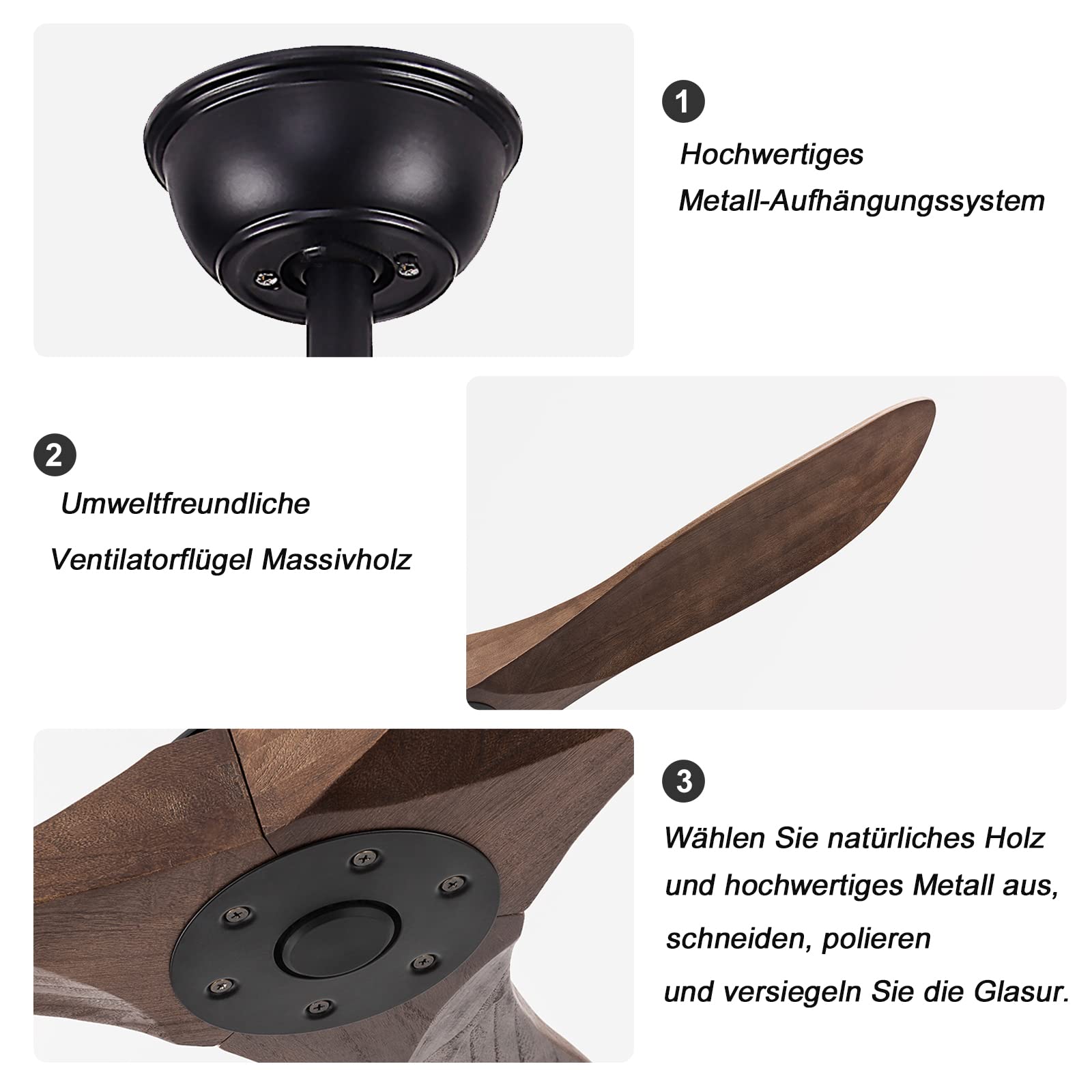 60 Inch Walnut Ceiling Fan with Remote Control - Modern Indoor/Outdoor Farmhouse Style Fan with 3 Wood Blades, No Light - Perfect for Patios, Living Rooms & Bedrooms