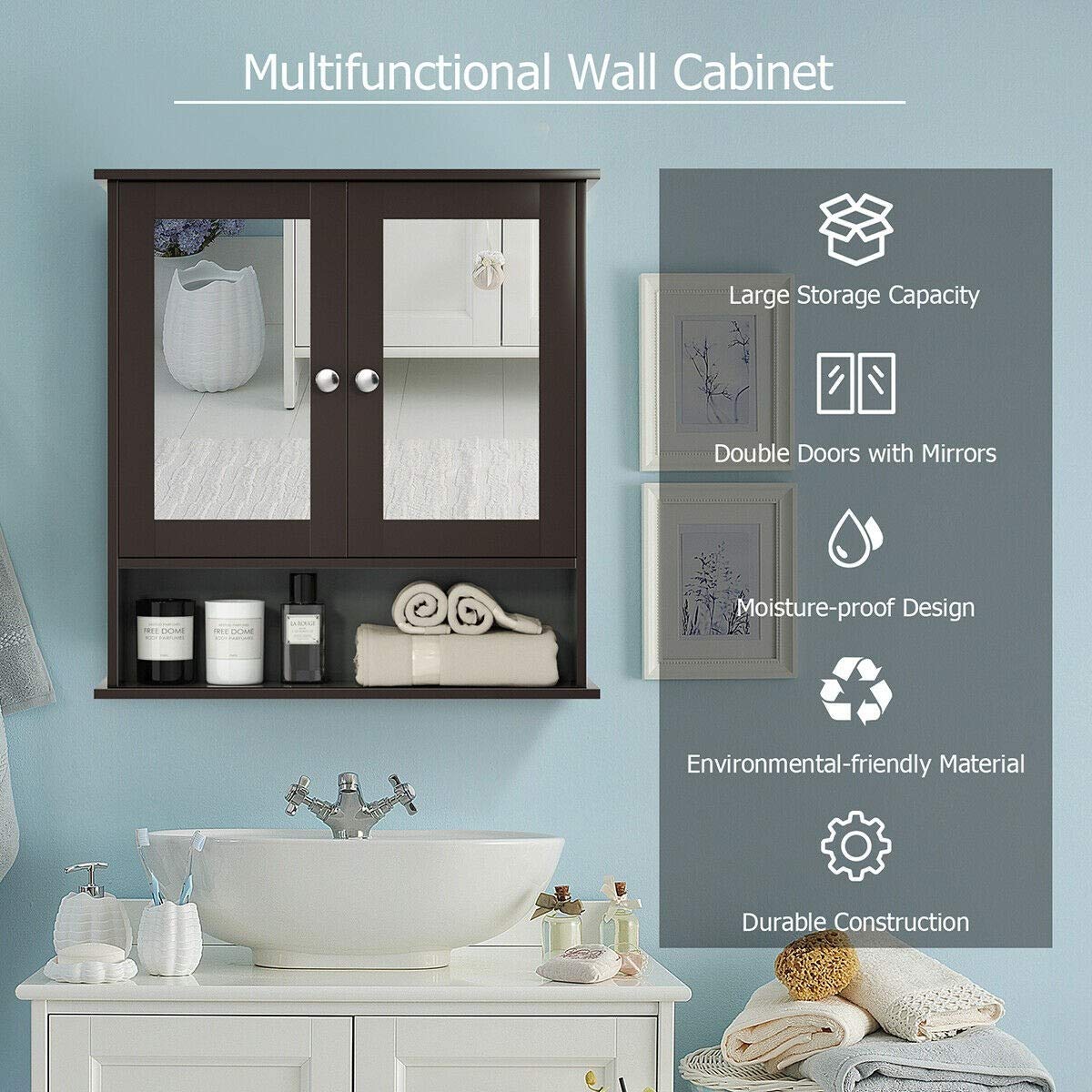 Wooden Mirror Cabinet for Bathroom - Double Door Wall Mounted Storage Organizer with Adjustable Shelves, 22 x 5 x 23 Inches, Brown - Perfect for Small Bathrooms & Vanity Organization