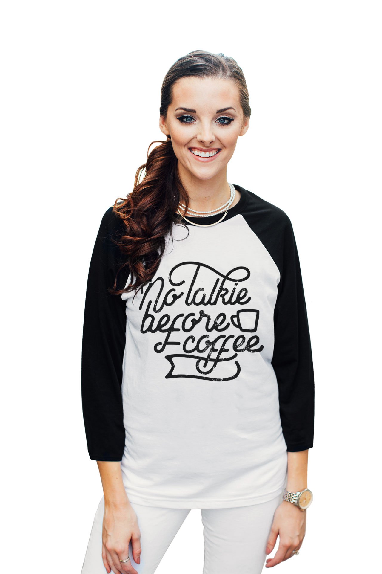 No Talkie Before Coffee Unisex 3/4 Sleeve Baseball Raglan T-Shirt - Soft Vintage Style Tee for Casual Wear & Coffee Lovers