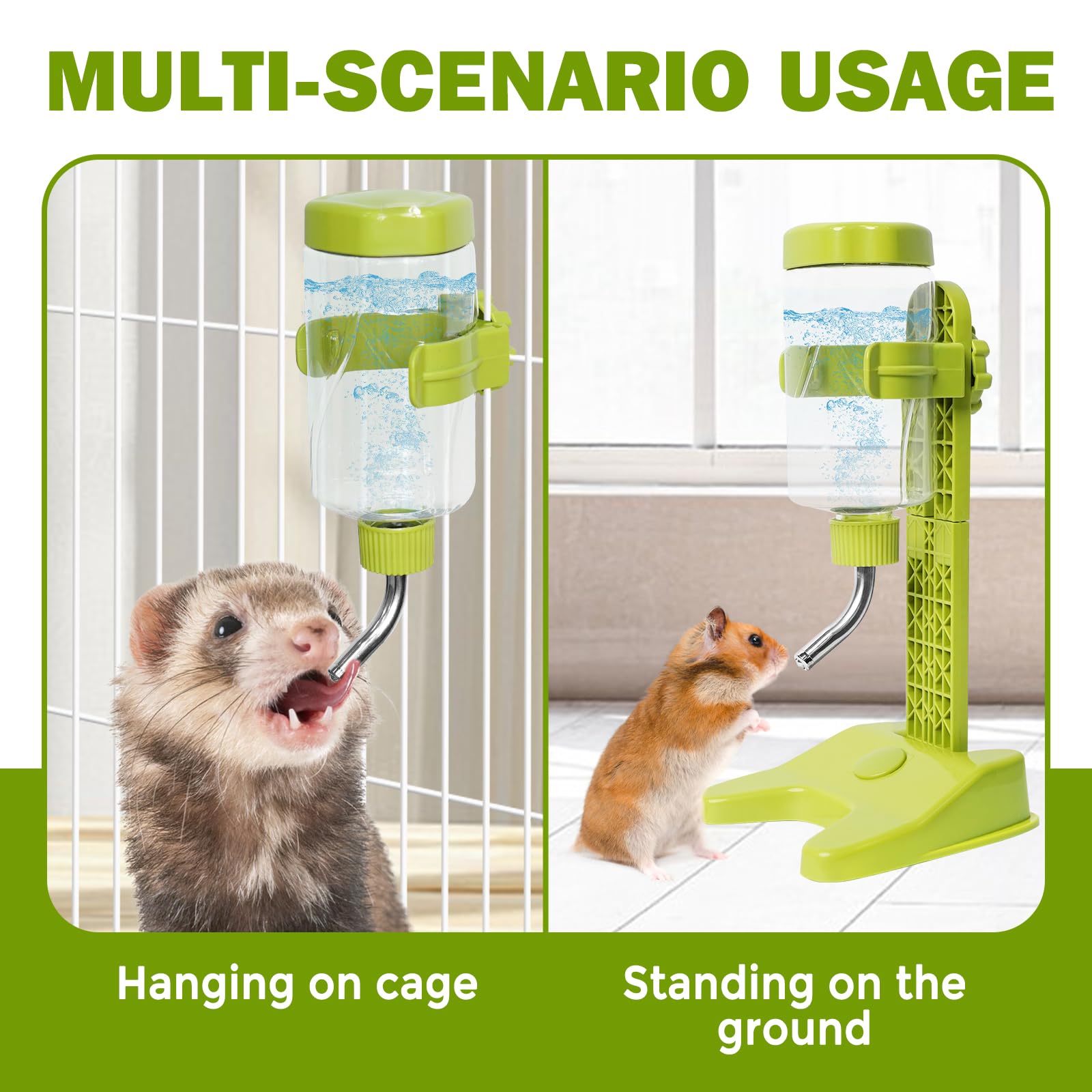 VANNON Top Fill Pet Water Dispenser - 13oz Leakproof Dog Water Bottle with Adjustable Stand for Small Animals, BPA Free, Green - Perfect for Travel, Cages & Outdoor Use