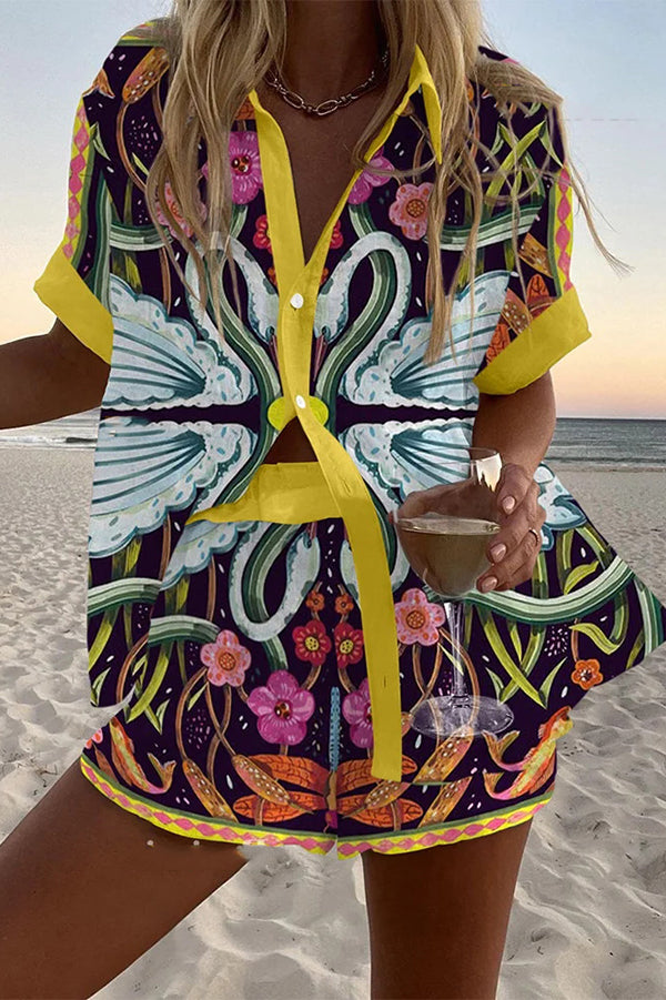 Stylish Swan Print Loose Buttoned Elastic Waist Shorts Set for Women - Comfortable Summer Outfit for Beach, Vacation & Casual Wear