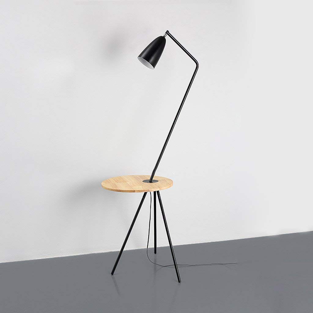 Modern Metal Floor Lamp with Wooden Table - Adjustable E27 Bulb Base, 59