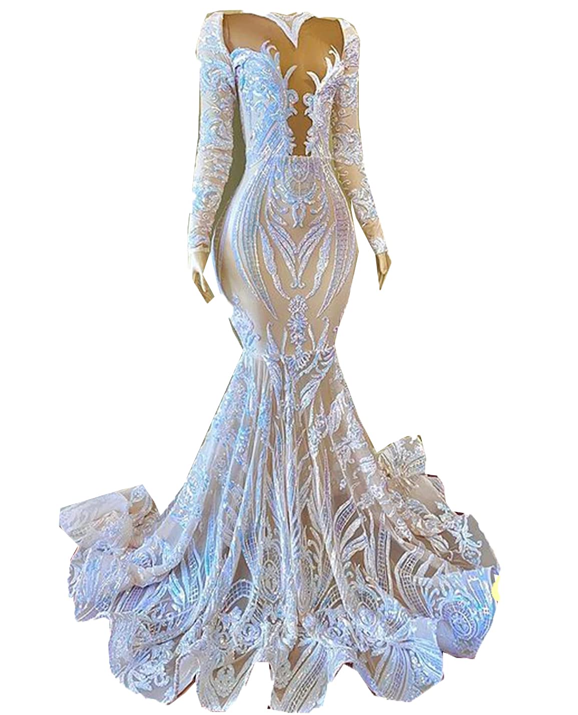 Elegant Women's Long Sleeve Mermaid Prom Dress 2021 - White Evening Gown for Formal Parties, Homecoming, and Special Occasions