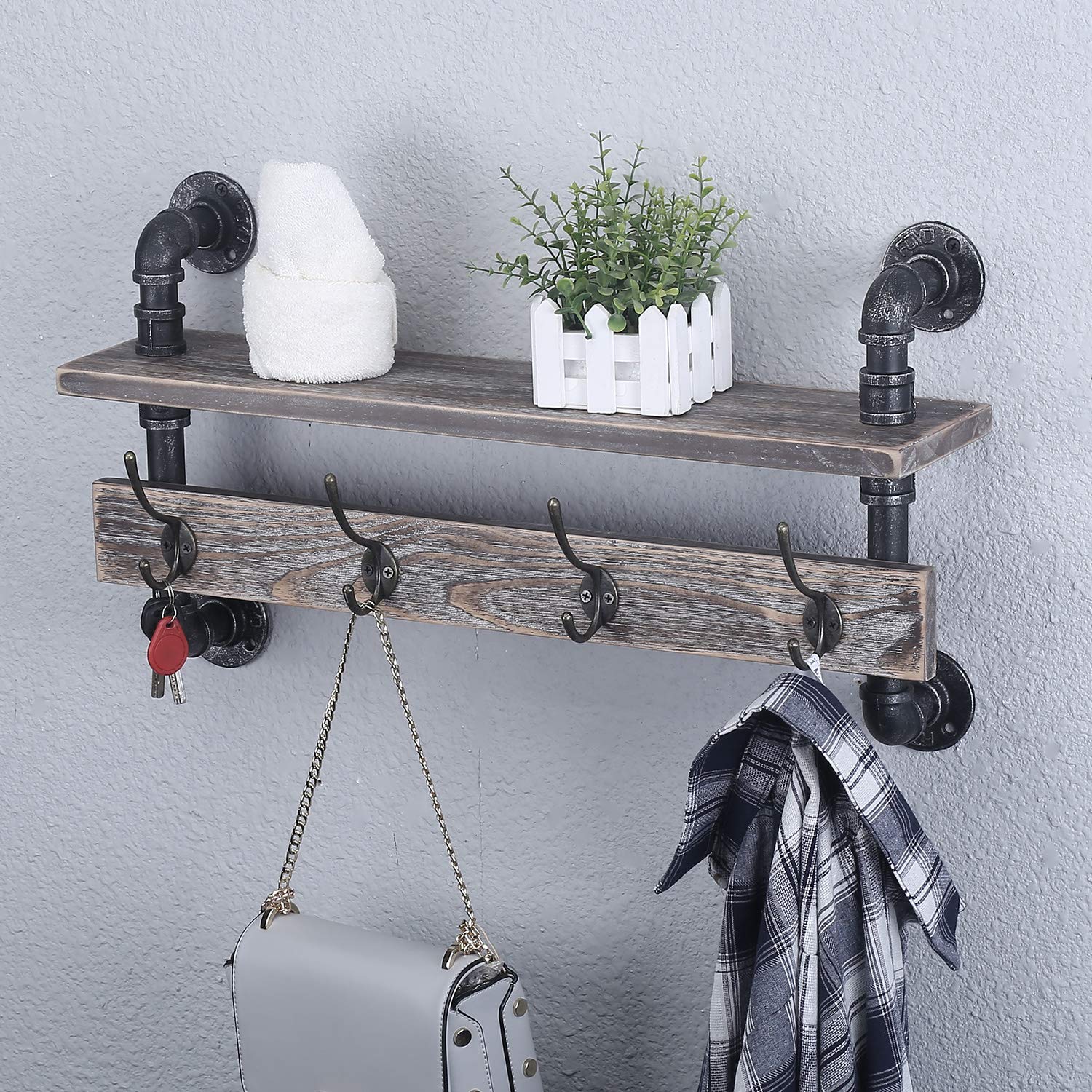 MBQQ Industrial Pipe Wall Coat Rack - 24 Inch Real Wood Shelf with 4 Metal Hooks - Rustic Entryway Organizer for Hallway, Bathroom, Living Room & Bedroom - Perfect for Hanging Coats, Hats, Towels & Decor