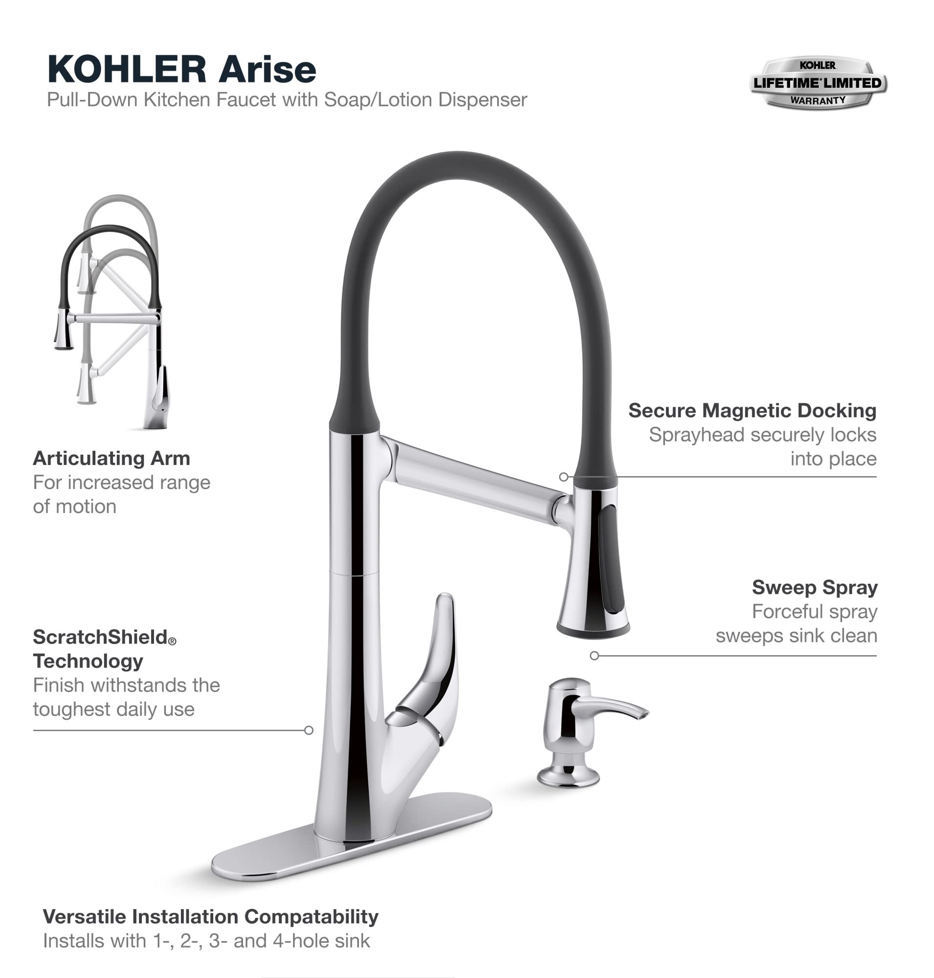 KOHLER R77764-SD-CP Arise Articulating Pull Down Kitchen Faucet with Sprayer & Soap Dispenser - Polished Chrome - Modern Kitchen Sink Faucet for Easy Dishwashing & Food Prep