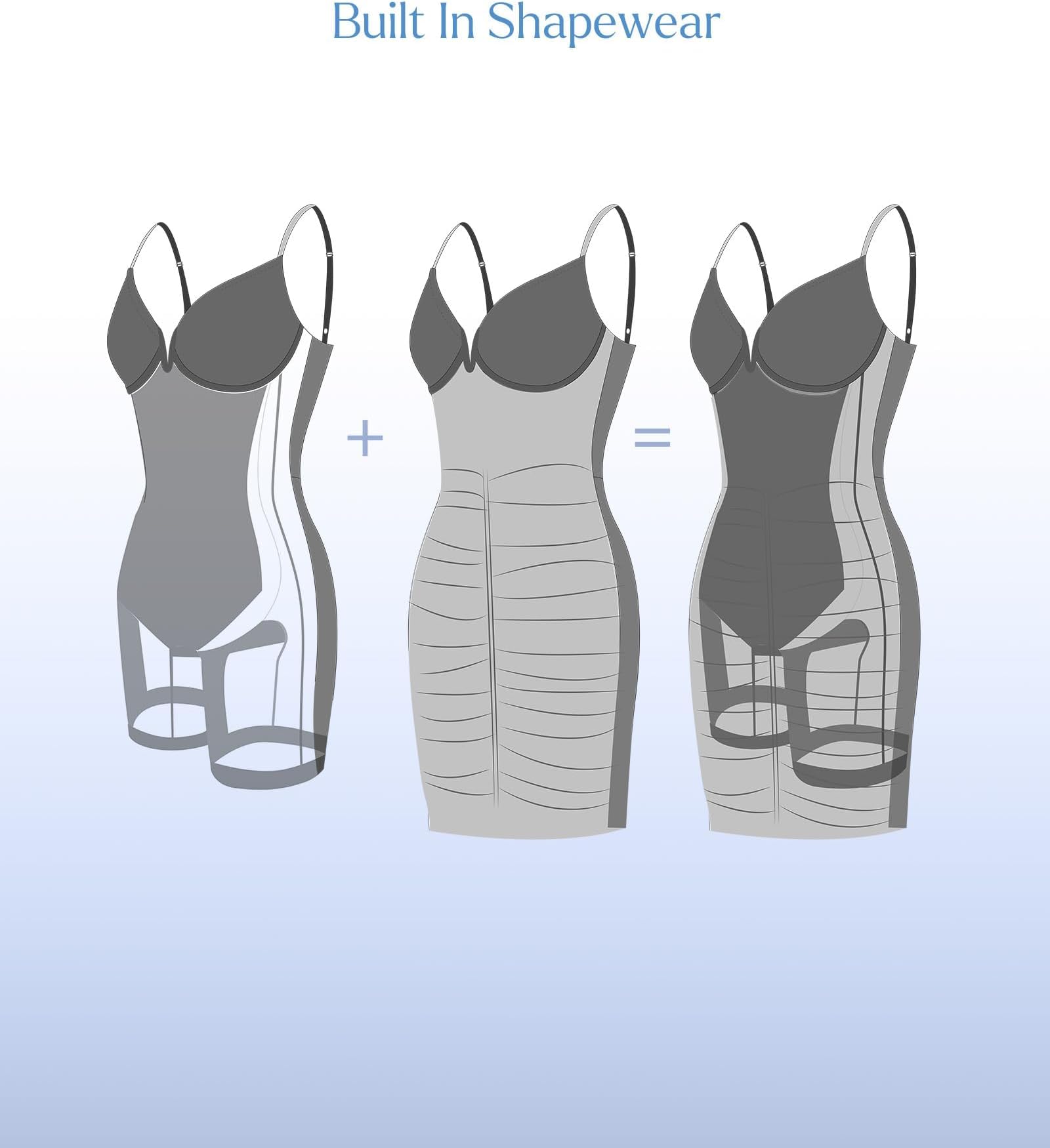 Popilush Corset Midi Dress for Women - Deep V-Neck Adjustable Straps Summer Bodycon Dress with Tummy Control & Built-in Shapewear | Perfect for Date Night, Cocktail Parties & Special Occasions