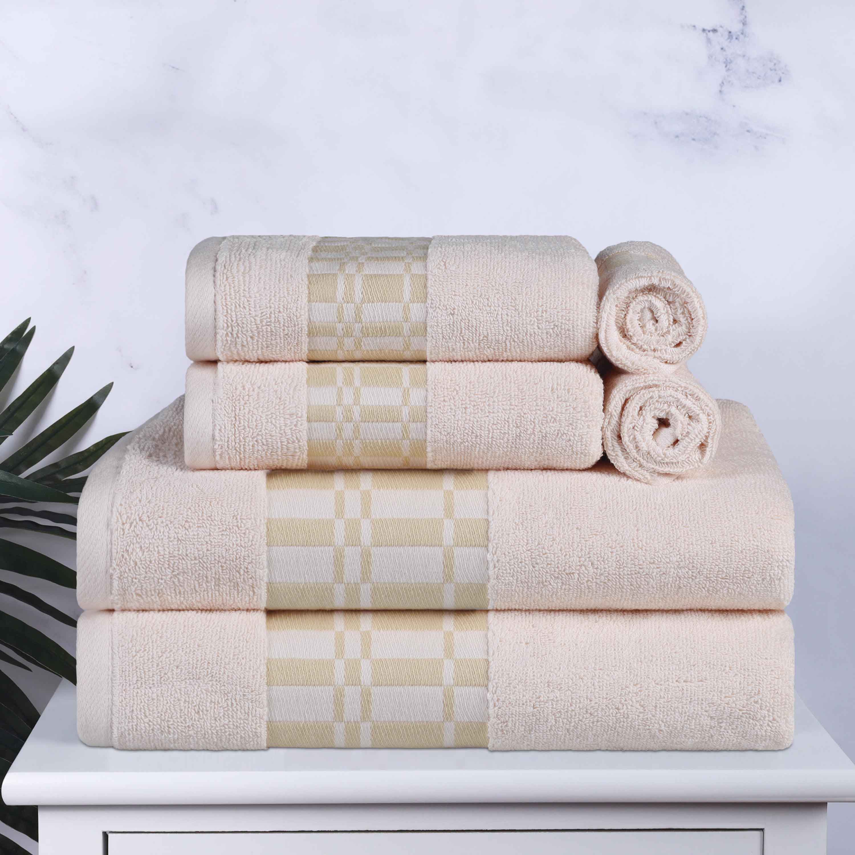Larissa Cotton Geometric Embroidered Border 6-Piece Bath Towel Set | Soft & Absorbent Luxury Towels for Bathroom, Spa & Guest Use