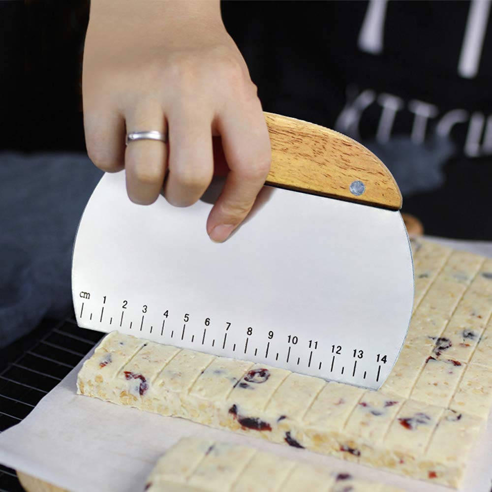 TINMIX Stainless Steel Dough Scraper - Wood Handle Pastry Cutter & Chopper with Non-Slip Grip & Measurement Marks - Essential Baking Tool for Cookies, Pies & Bread Making - Perfect for Home Bakers & Professional Kitchens