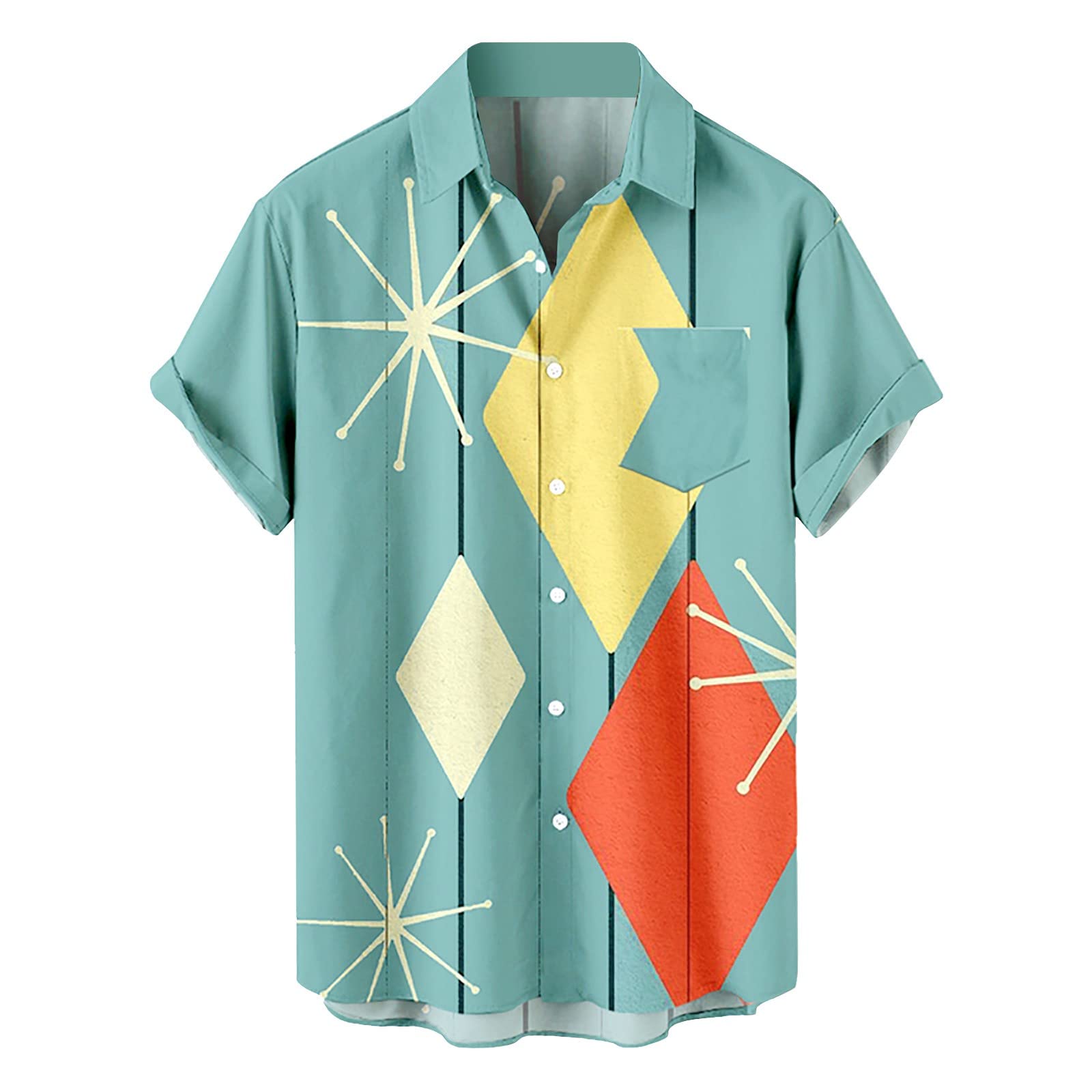 Funny Cat Printed Men's Button Down Shirt - Spread Collar Casual Short Sleeve Work Top | Color Block Design for Office, Party & Everyday Wear