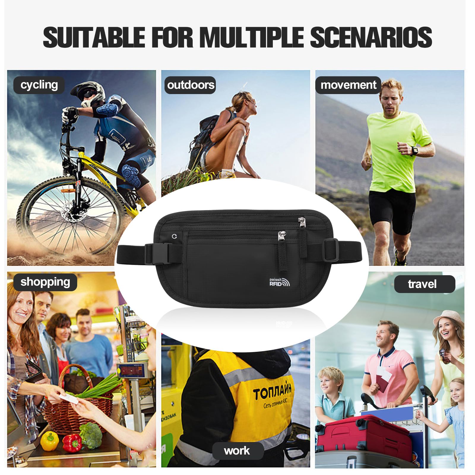 RFID Blocking Unisex Travel Money Belt - Slim Passport Holder & Adjustable Waist Pouch for Men & Women | Perfect for Workout, Running, Hiking & Travel | Black with 8 Card Sleeves